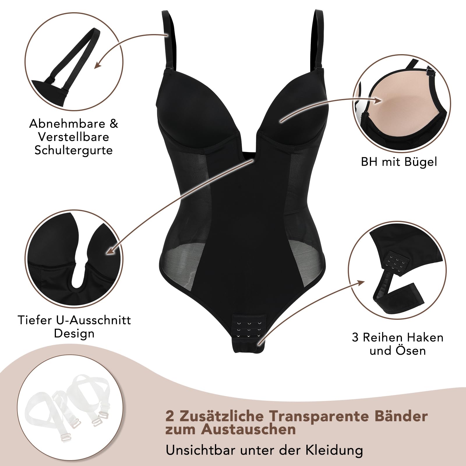 SHAPERIN Rückenfrei Formende Bodysuit Damen Shapewear Bauchweg Body mit Push Up BH Body Shaper Tiefer U Ausschnitt