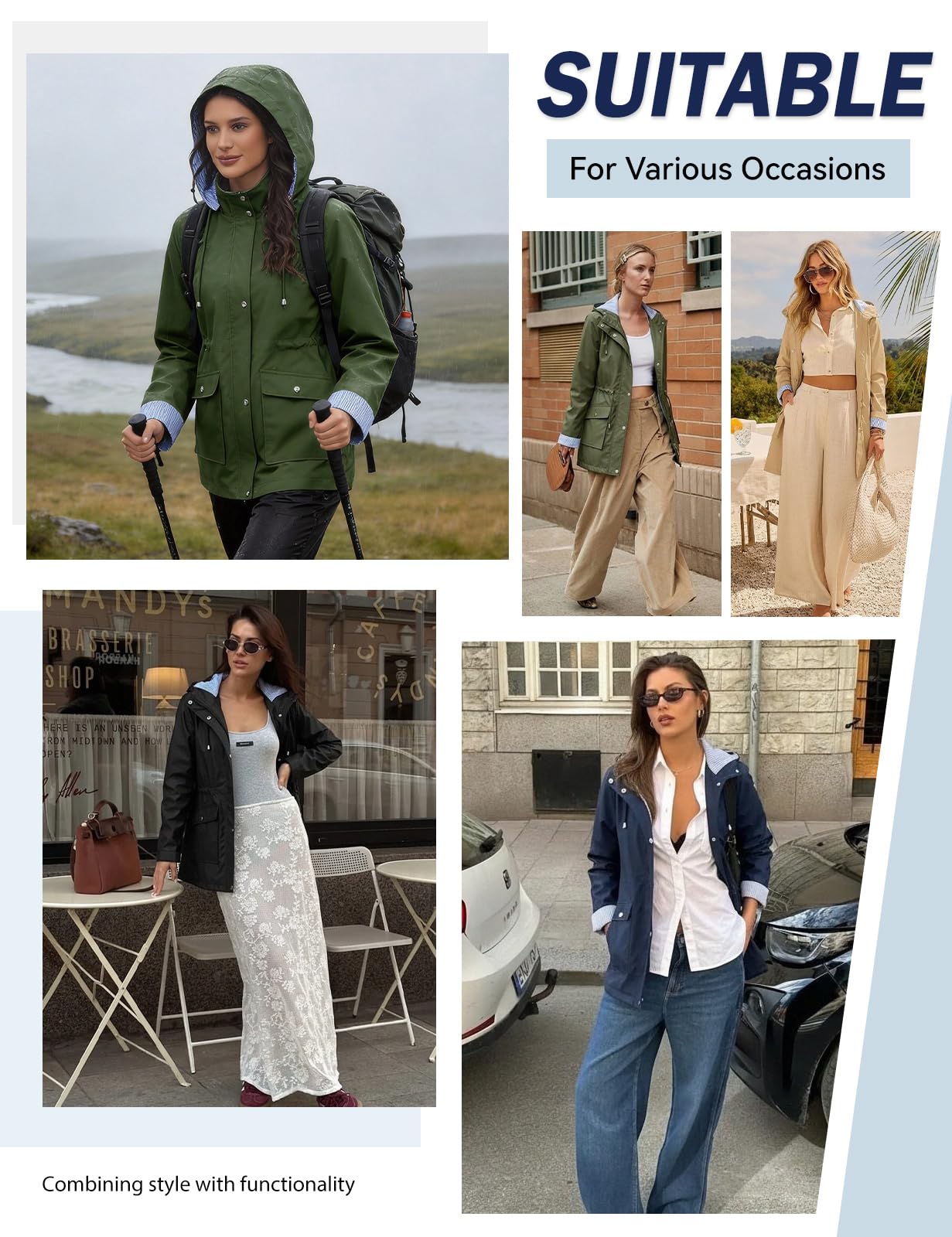 CMTOP Chubasquero Mujer Impermeable Chaqueta Largo Ligera Abrigo Transpirable Cortaviento con Capucha Parkas Casual Cremallera Raincoat Primavera Otoño para Exteriores