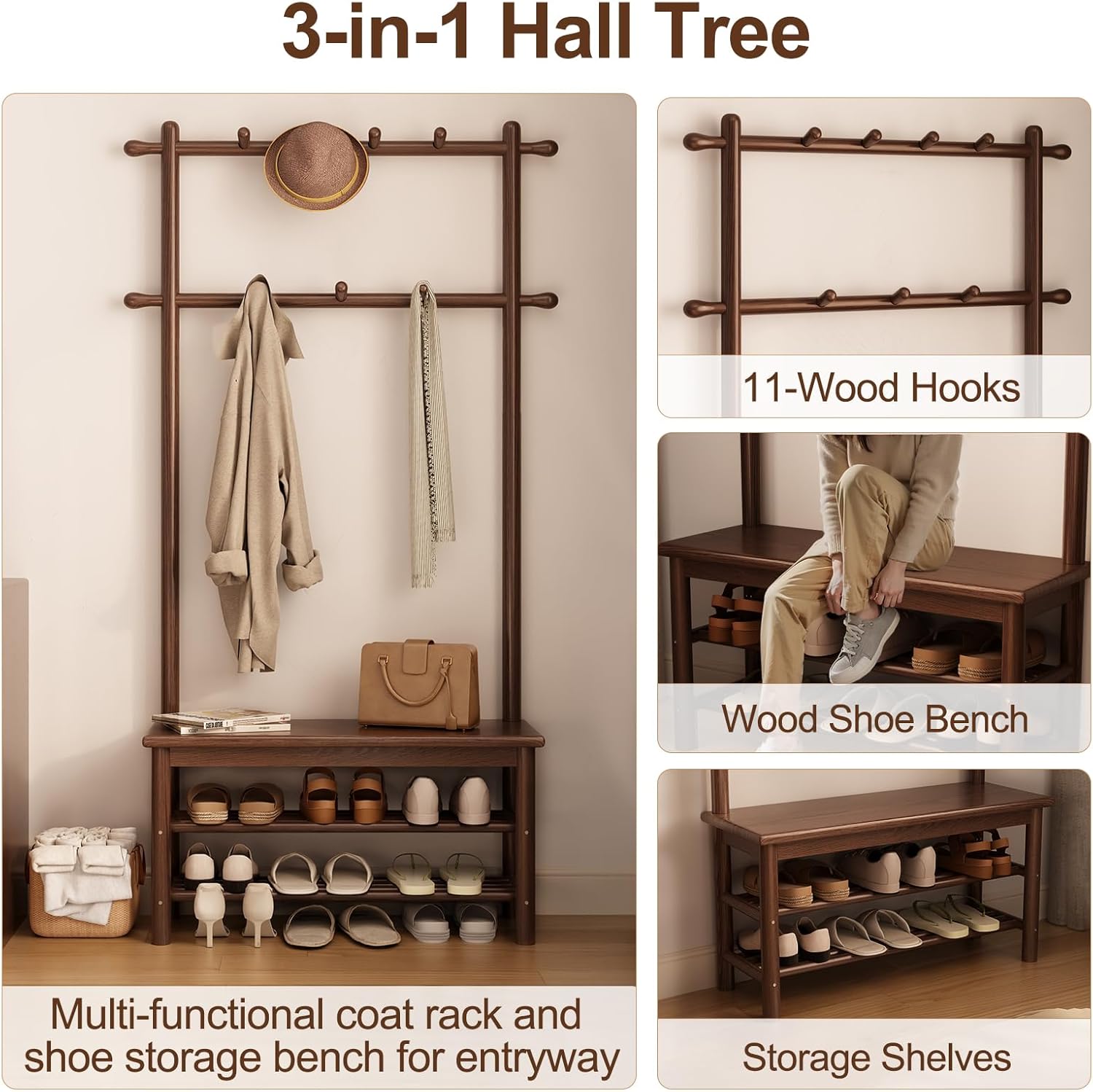 AQIMUELE Hall Tree, Coat Rack with Shoe Storage, Wooden Hall Tree with Bench, 11 Hooks and 2-Tier Storage Shelves, Entryway Bench with Coat Rack (31.5" - Deep Walnut)