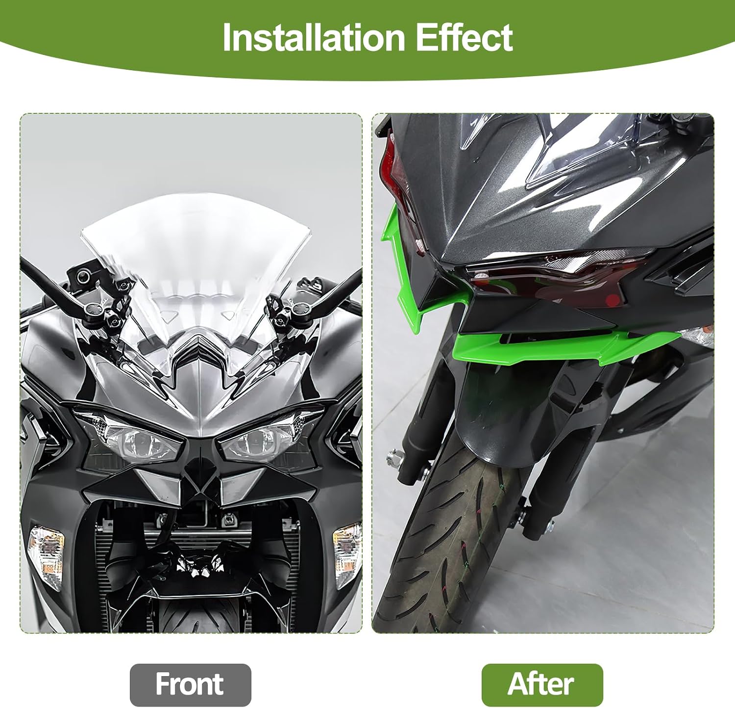 for Kawasaki Ninja 500 SE ABS Z500 Ninja500 Motorcycle Front Fairing Winglet Aerodynamic Spoiler Beak Nose Cone Extension Fixed Wing Kit(Green)