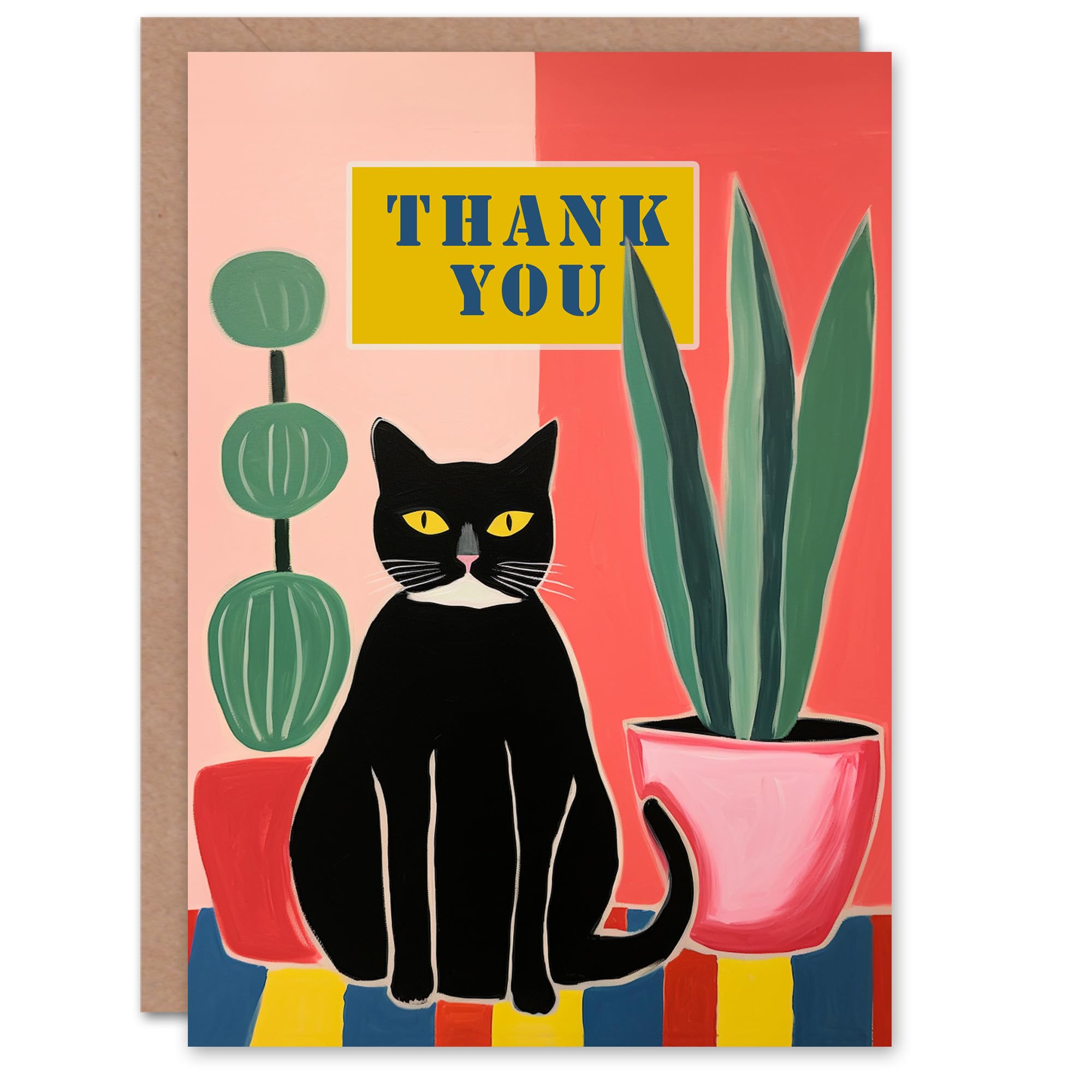 Artery8 Thank You Greeting Card Black Cat Lover Plants Painting For Him Her
