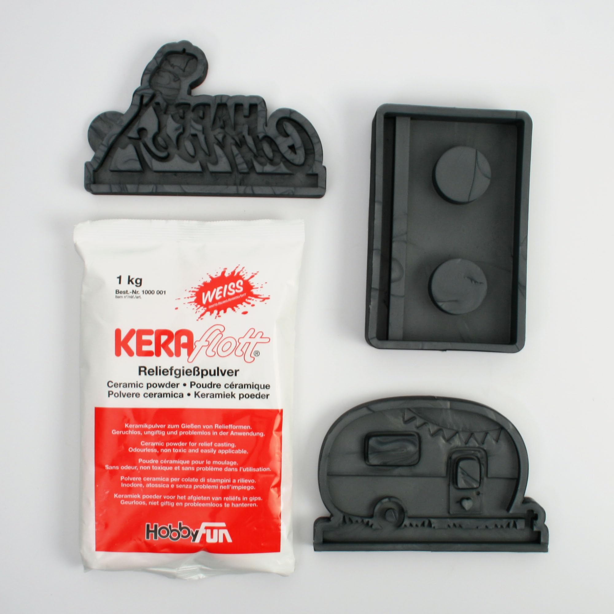 3er-Set Silikon-Formen „Campingwagen“ inkl. 1kg Keraflott Reliefgießpulver zur Herstellung handgegossener Teelichthalter und Einschiebe-Deko