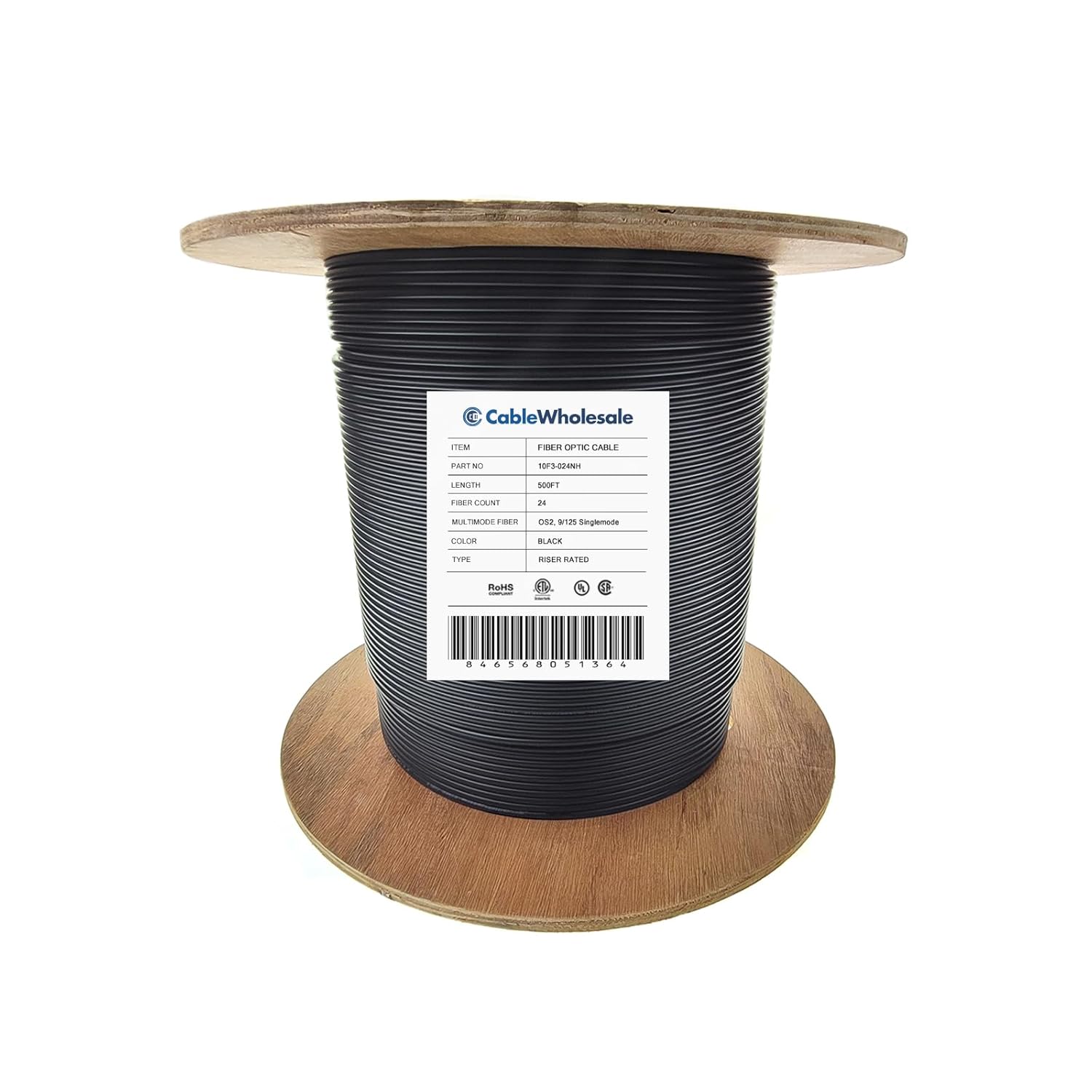 CableWholesale 24-Strand Fiber Optic Cable, Indoor/Outdoor OS2 9/125 Singlemode, Corning SMF-28 Ultra, Black, Riser Rated, 1000ft Spool