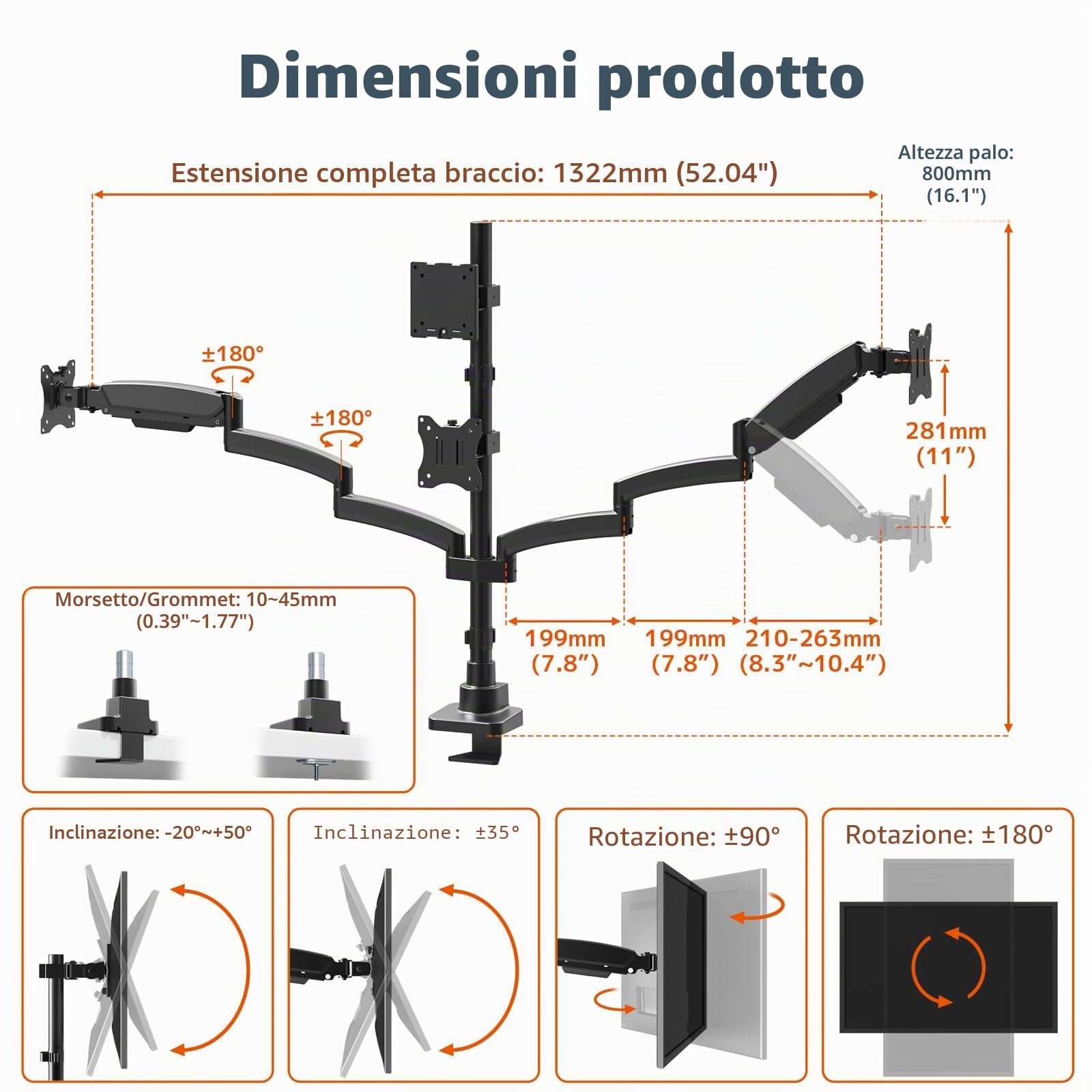 Supporto per monitor 4 monitor, max. fino a 1x49'‘ e 3x27’' Schermi piatti e curvi, supporto da tavolo con asta da 80 cm, supporto per monitor impilabile regolabile, VESA 75/100