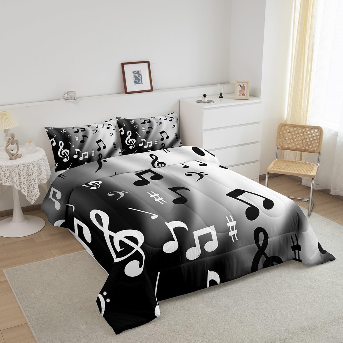 Homewish Musical Note Comforter Set Queen for Boys Kids Black White Room Decor Piano Comforter Aldults Bedroom Music Theme Bedding Set 1 Comforter with 2 Pillow Cases,Lightweight Warm Soft