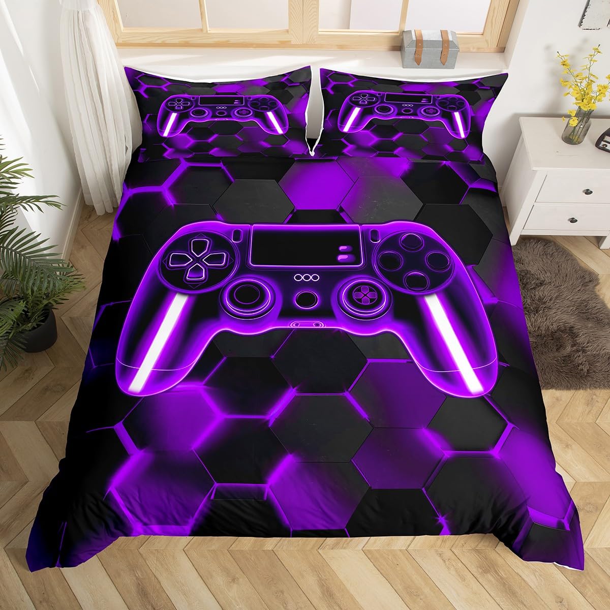 Gamer Duvet Cover Gaming Bedding Set for Kids Boys Girls Teens Room Decor Purple and Black Game Console Comforter Cover Single Size Gamepad Honeycomb 2Pcs Zipper Soft Lightweight Microfiber
