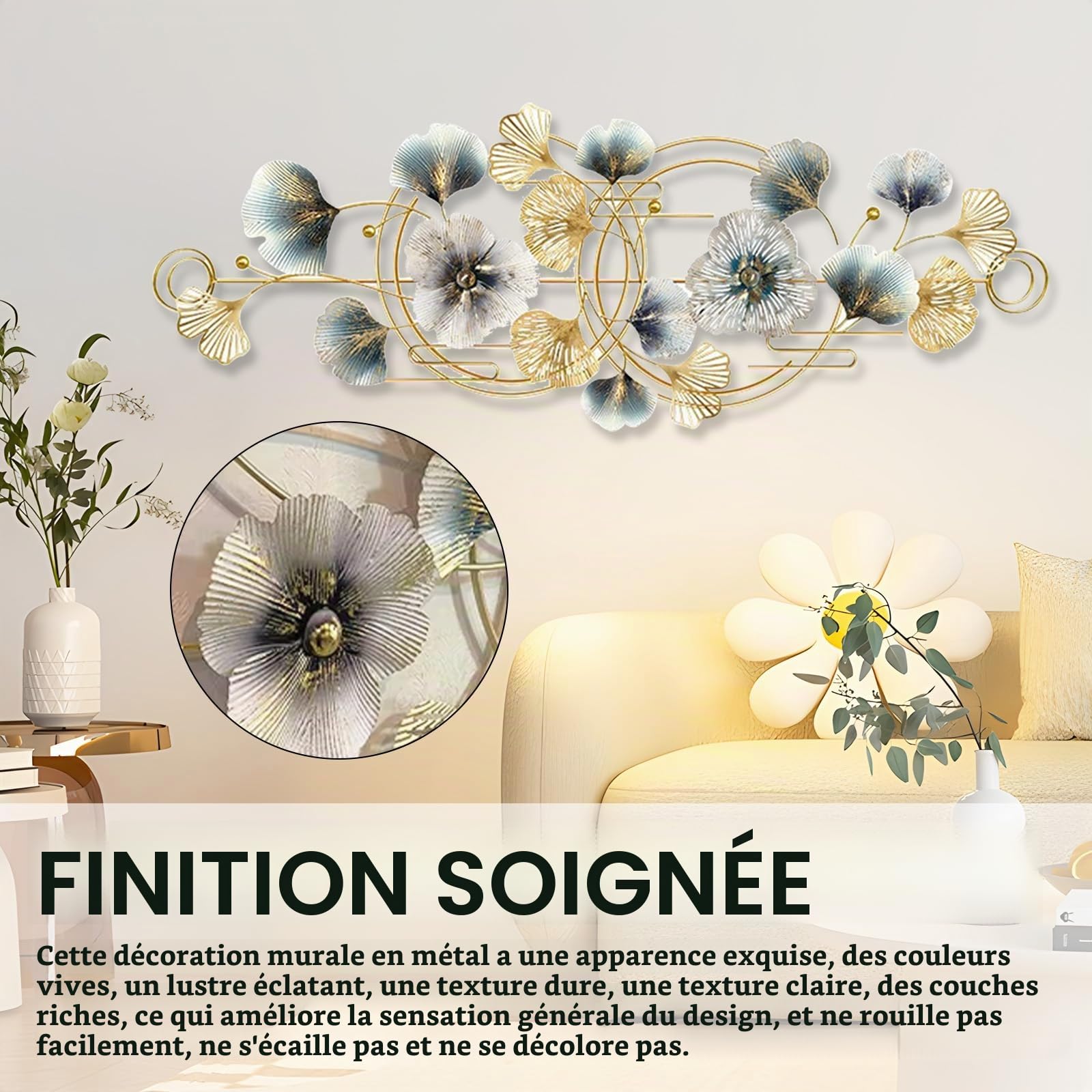 Aisny Décoration Murale Salon, 127X44cm Décoration Murale 3D Salon Fleurs Sculptures Métal Suspendue Canapé Fond Bureau Ornements Muraux Sculptures Murales Avec 2 Vis