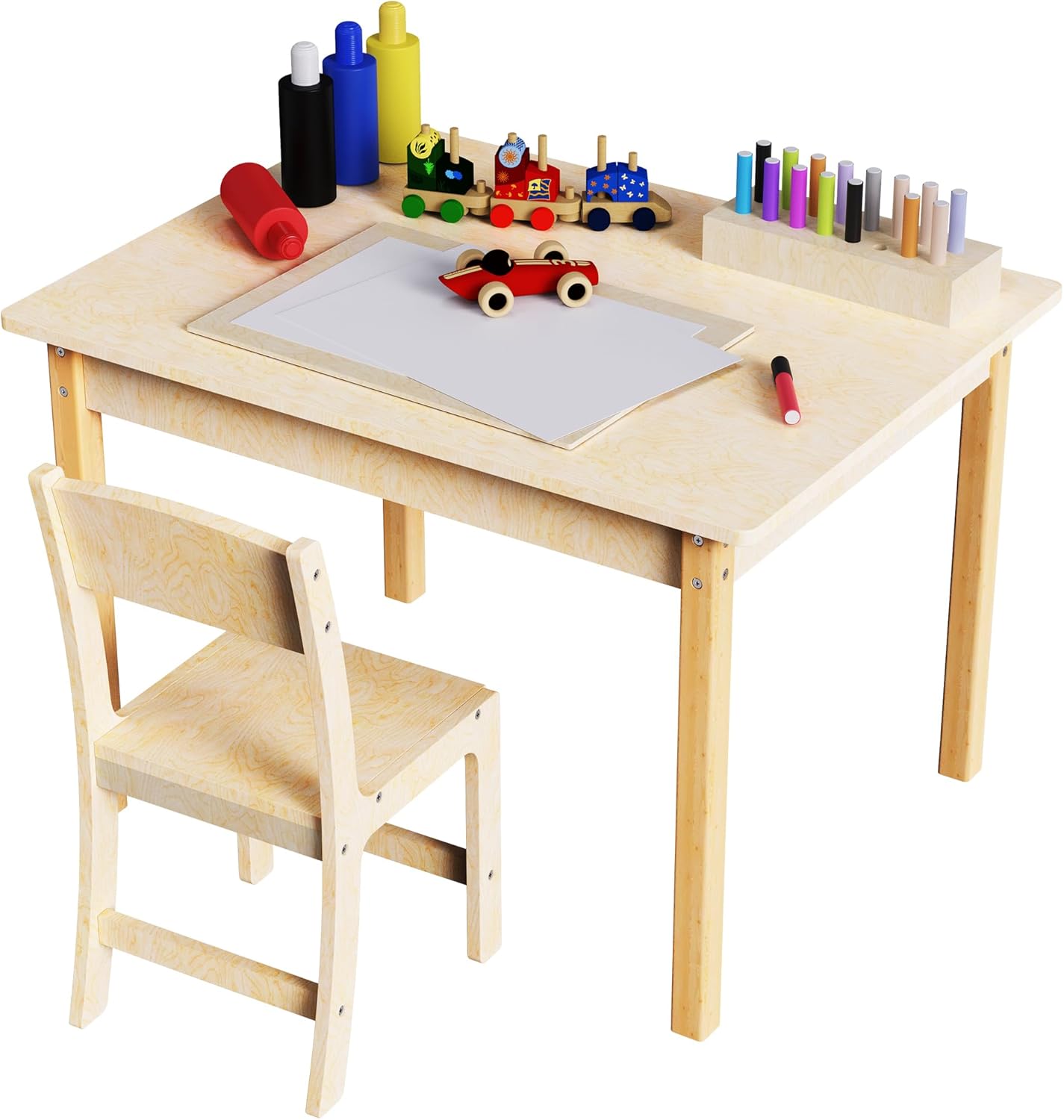 Puecrof Juego de mesa y silla para niños de madera, escritorio y silla para niños pequeños