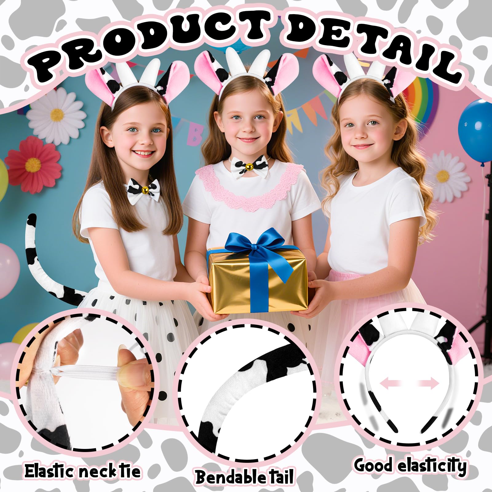 Jokureao 5Pcs Kids Cow Costume Set, Cow Costume Kids with Cows Ears Headband, Tutu Skirt, Tail, Gloves - Image 4