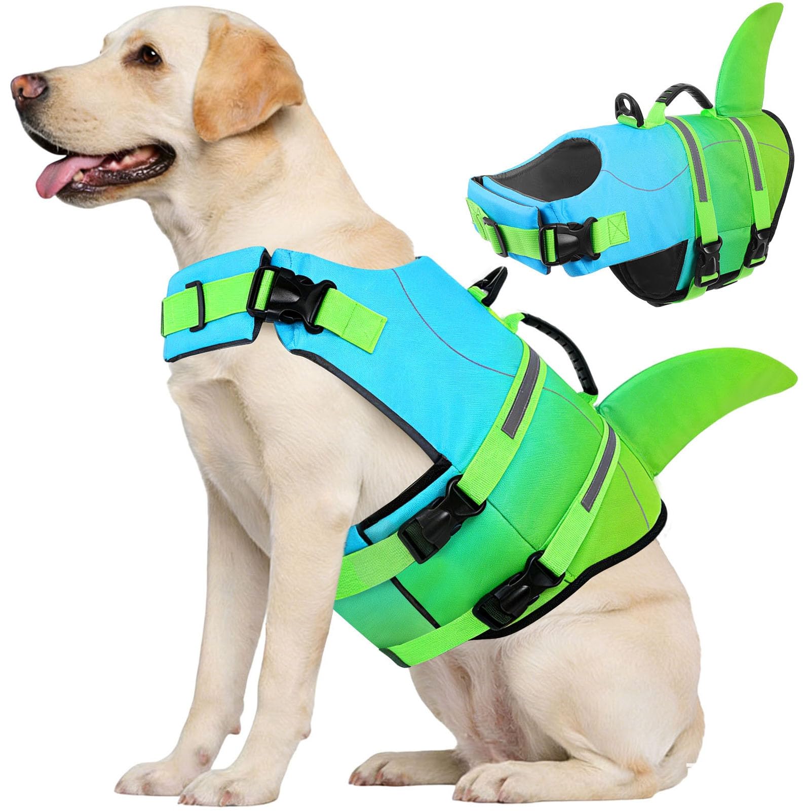 CITÉTOILE Salvagente per Cane, Giubbotto Salvagente per Cani, Ripstop Regolabile Squalo Giubbotto di salvataggio, Leggero e Sicuro per Gli Sport Acquatici, Blu Verde, XXL