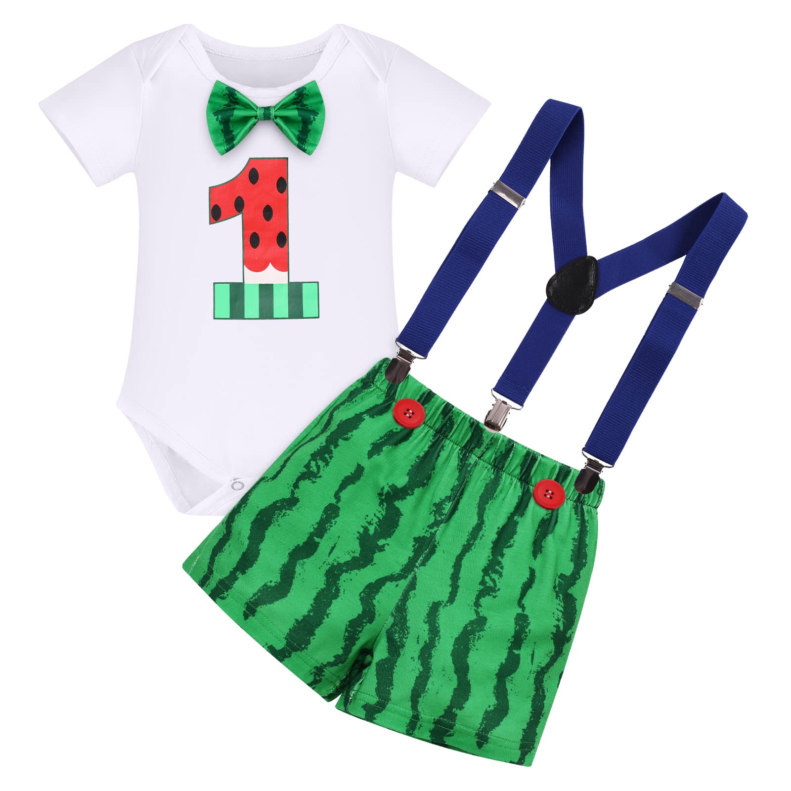 FYMNSI Baby Boy Melon 1st Birthday Cake Smash Outfit Bowtie Romper Adjustable Watermelon Shorts Party Photo Shoot Clothes Set