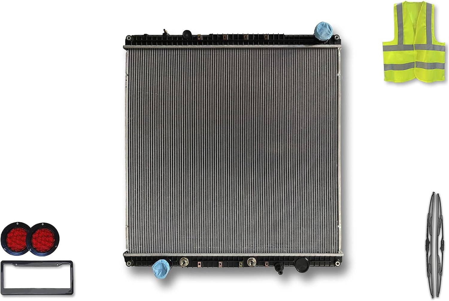 KOZAK Radiator (2001-1738, 3S0580800003) Compatible with Freightliner Cascadia 2012-2016, M2-112 2012-2014 with Oil Cooler PLUS Logo, Wipers, License Plate Frame, 2x Trailer Tail Lights, Vest