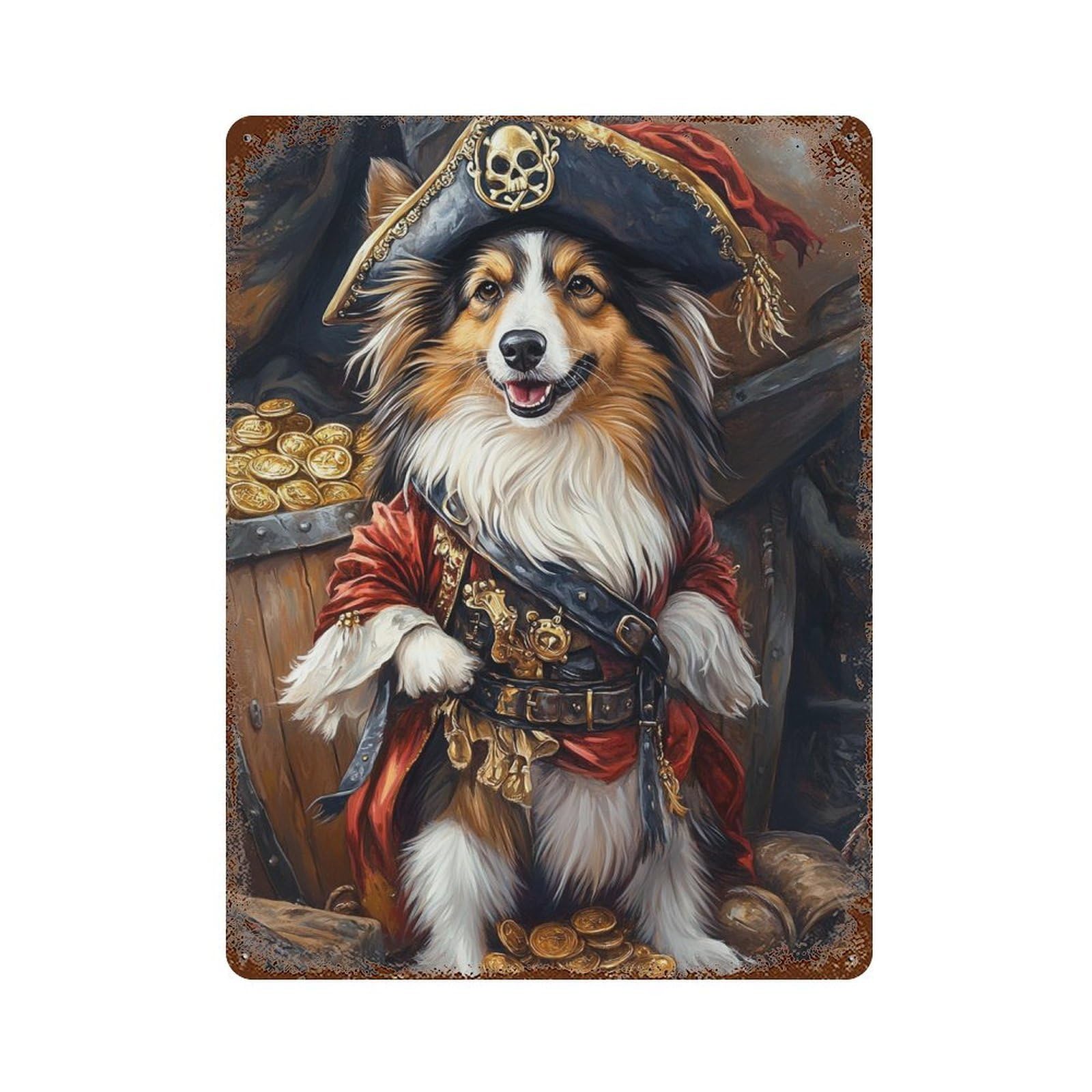 Pirate Dog Treasure Chest-102 15.7"x11.8" Weathered Tin Sign, Shabby Chic Decor for Farmhouse, Kitchen And Entryway Decor