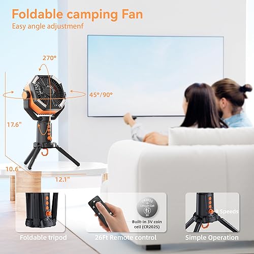 Miniatura 4 de MORIKO Trípode de ventiladores de mesa, 20000 mAh, recargable, funciona con pilas, ventilador portátil para tienda de campaña con linterna LED,