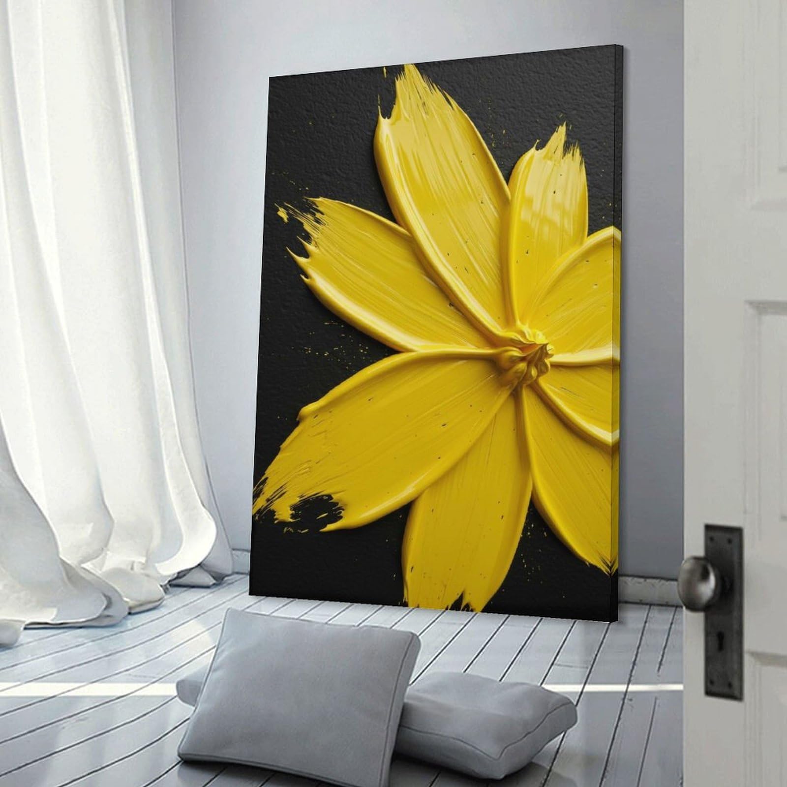 Junmoney Frame-Style-6 Yellow Paint Flower On Black Background Canvas Wall Picture, 24X36inch(60X90cm), For Study, Office Or Focused Interiors, Home Office Artwork With Decorative Appeal