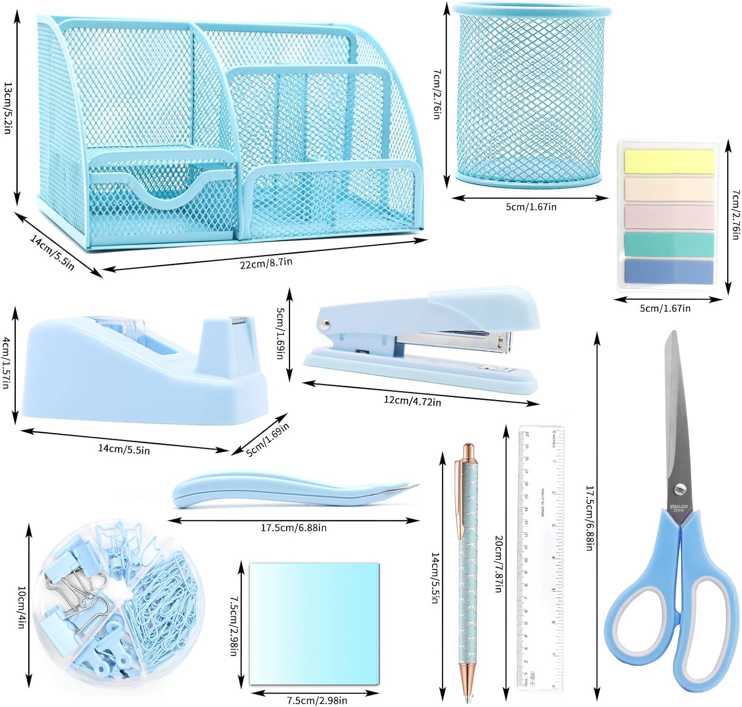 12 in 1 Desk Organizers and Accessories Set, Blue Gifts for Coworkers, Office Supplies Include Stapler Pen Holder Tape Holder Scissors Ruler Staple Remover for Home School
