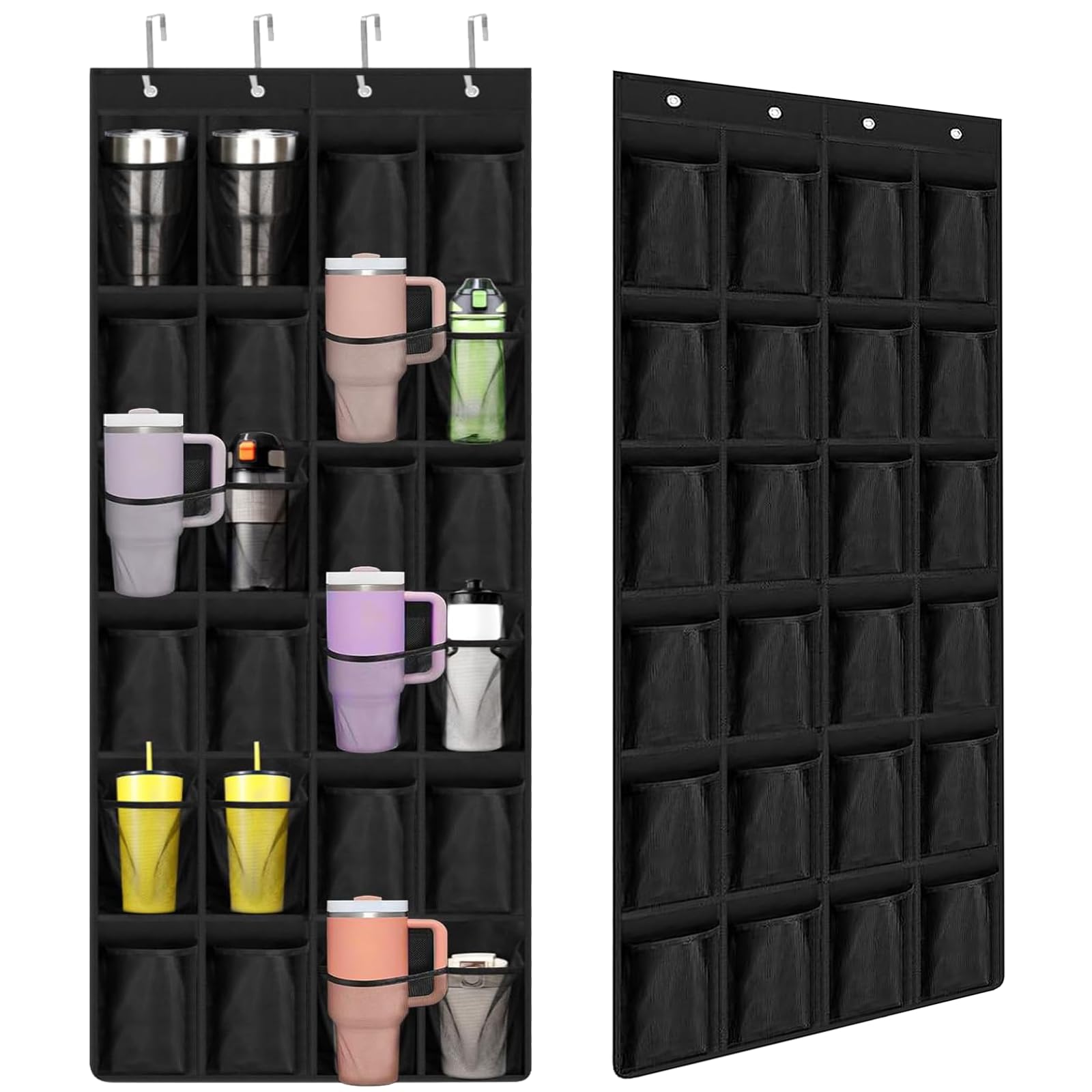 Mosghuiy Water Bottle Organizer, 24 Holders Over The Door Water Bottle Storage Rack for Stanley Cup, Hanging Wall Mount for Various Sizes, Fabric Cup