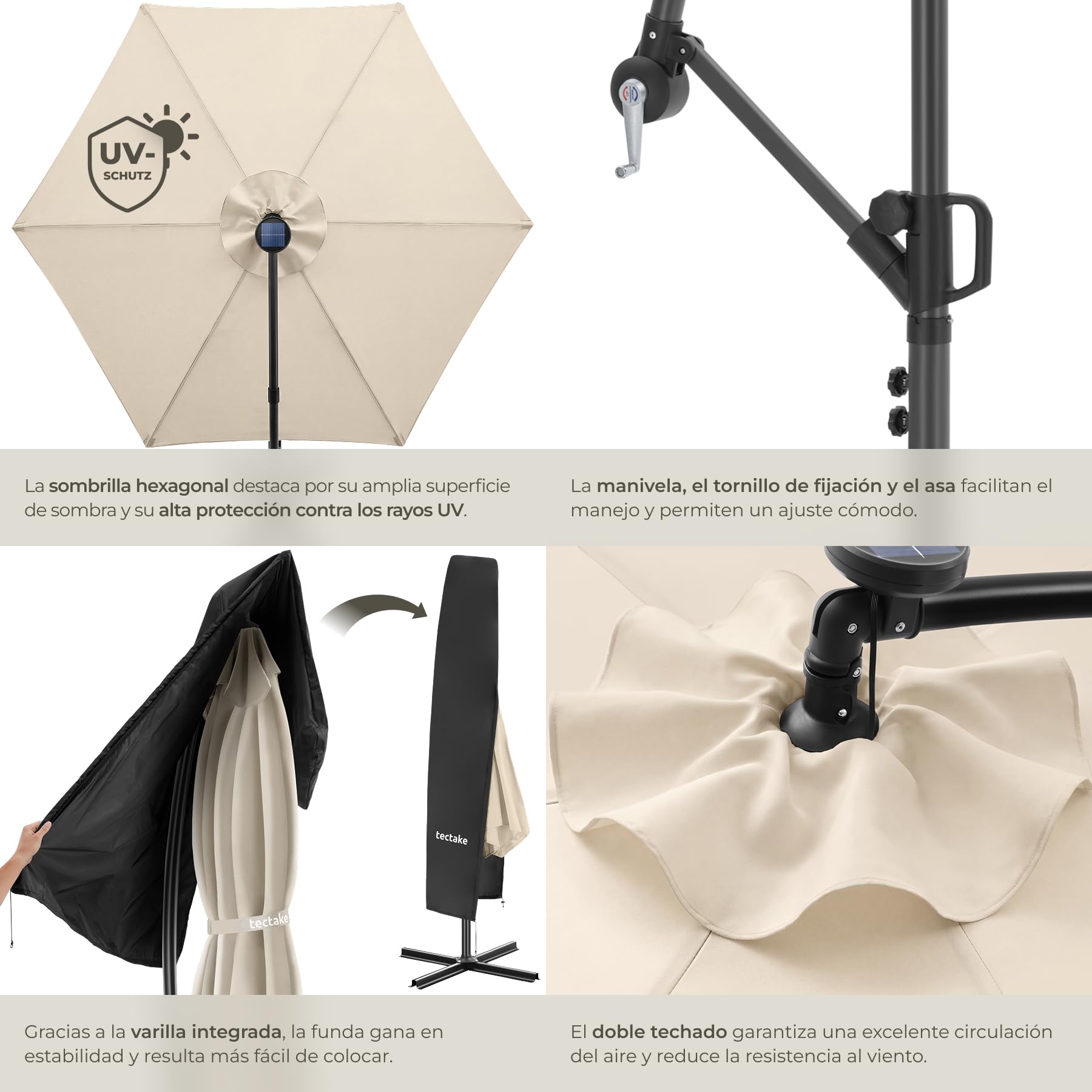 tectake® Sombrilla Terraza Exterior con Iluminacion Solar Led, Parasol Terraza Exterior y Jardin, Sombrillas Jardin Grandes Giratorio 360°, Doble Techo, Manivela, Inclinable - 3,5 x 3,5 m