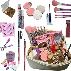 Kit de Maquiagem Completo com 25 Itens, Necessaire Exclusiva, Pincéis Rosa, Paleta de Sombras, Cílios Postiços
