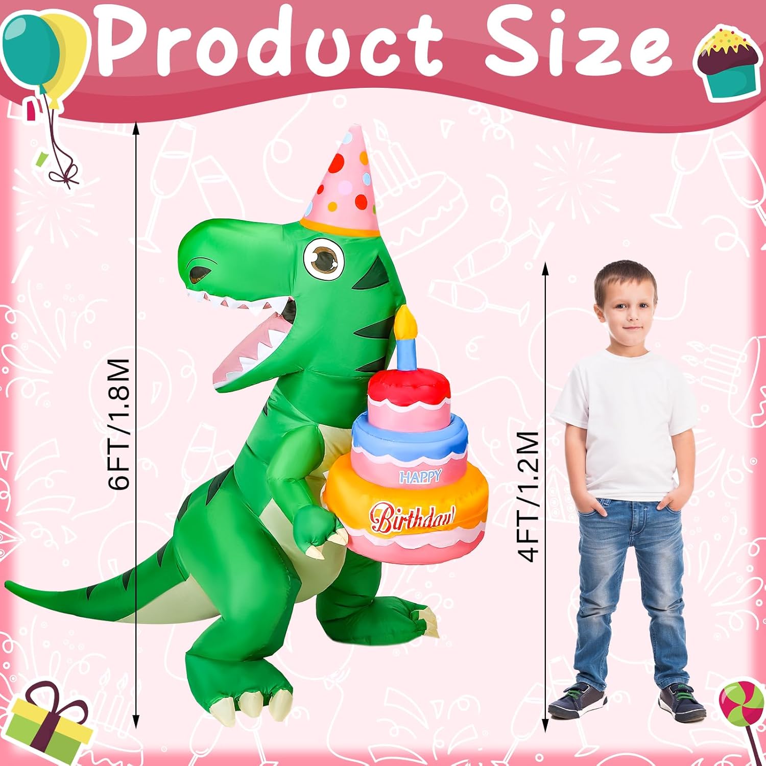 Sosation 6 ft Tall Lighted Birthday Inflatable Green Dinosaur with Cake Blow up Dinosaur Cake Decoration with Build in LED Lights for Birthday Party Outdoor Indoor Yard Lawn Garden