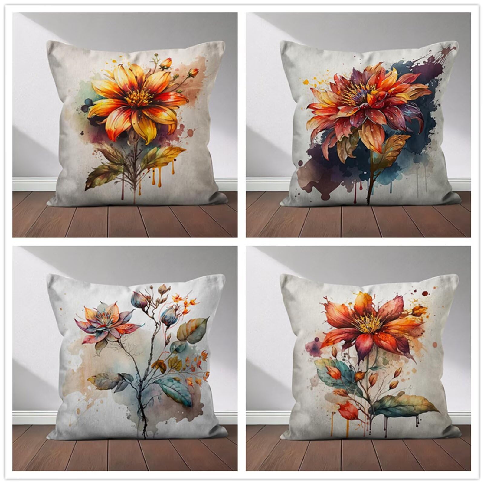 Heaen Outdoor Cushions Covers Waterproof 35x35 cm Set of 4 Square Linen Pillow Cases Simple Watercolour Flowers Decorative Dushions for Sofa Porch Patio Home Decor