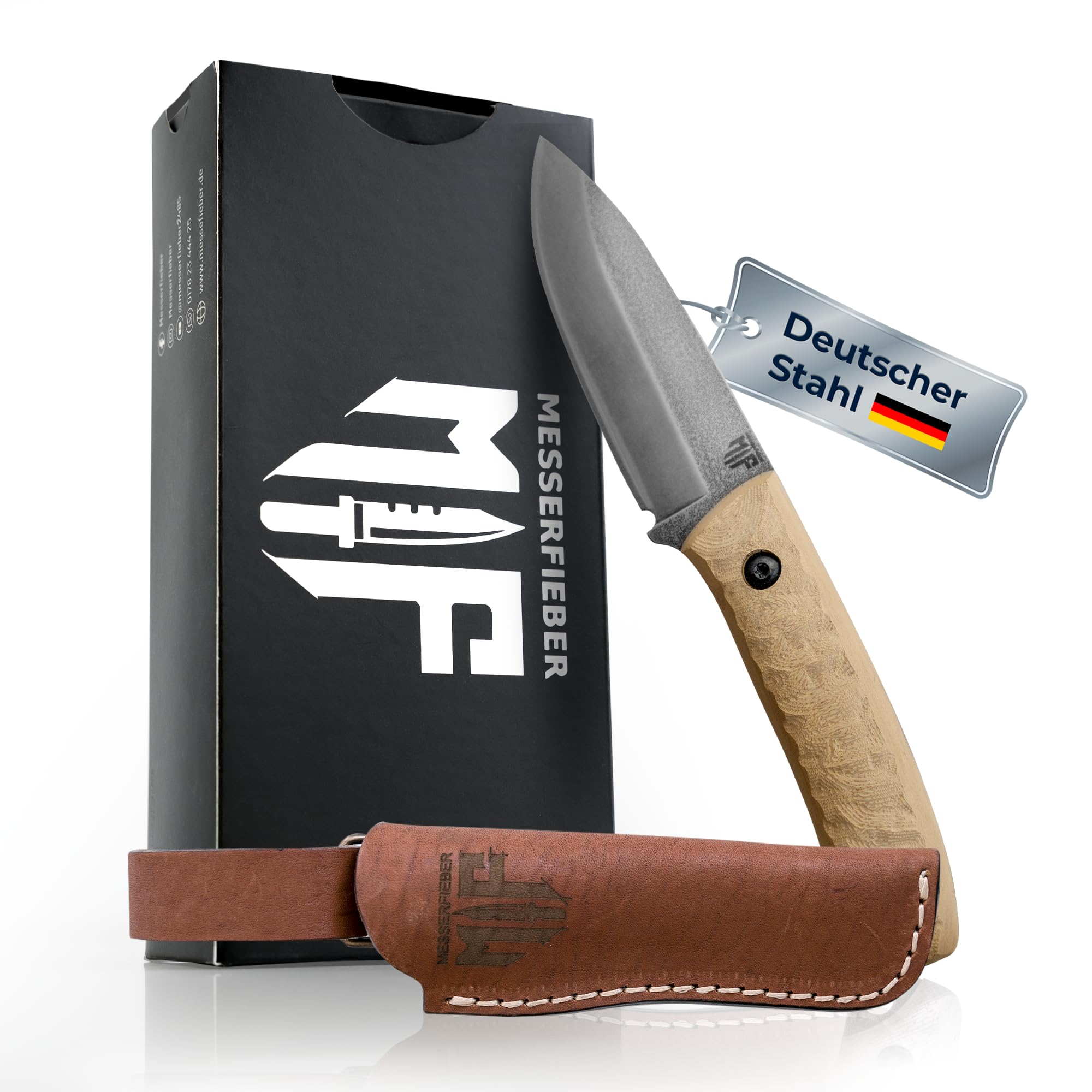 Messerfieber® Outdoormesser Waschbärklinge [Mit Stonewash-Finish & T10-Griff] – inkl. Lederscheide – Outdoor Messer für Bushcraft & Abenteuer – Survival Messer (Handgefertigt & Korrosionsbeständig)