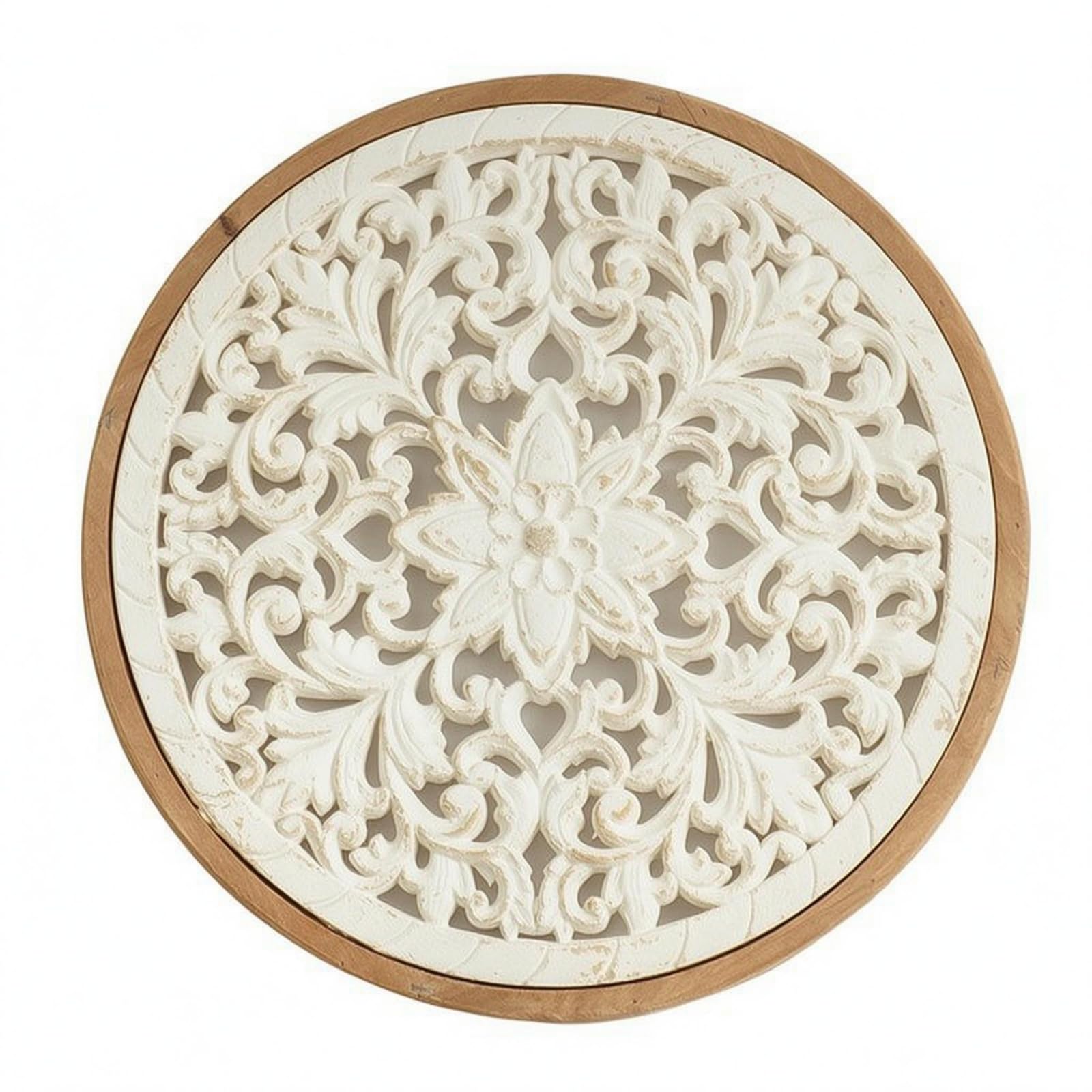Pannello Floreale Intagliato Lavorato a Mano, Decorazione da Parete | in Legno, Traforato Arte da Parete Rustica per Interni, 43 Cm, Rotondo A2547