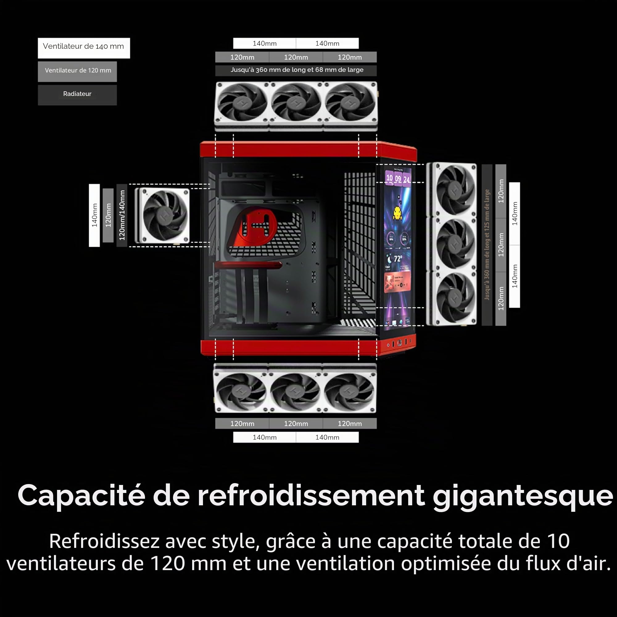 Hyte Y70 Touch Infinite Boîtier ATX à Double Chambre, avec écran Tactile LCD 2,5K intégré - Noir Cerise/Rouge