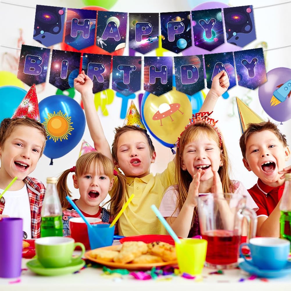 Space Themed Party Decoration for Kids Boys Girls, Solar System Galaxy Planet Astronaut Rocket Patterns - Happy Birthday Banner, Balloons Cake Cupcake Toppers Set Outer Space Party Supplies - Image 7