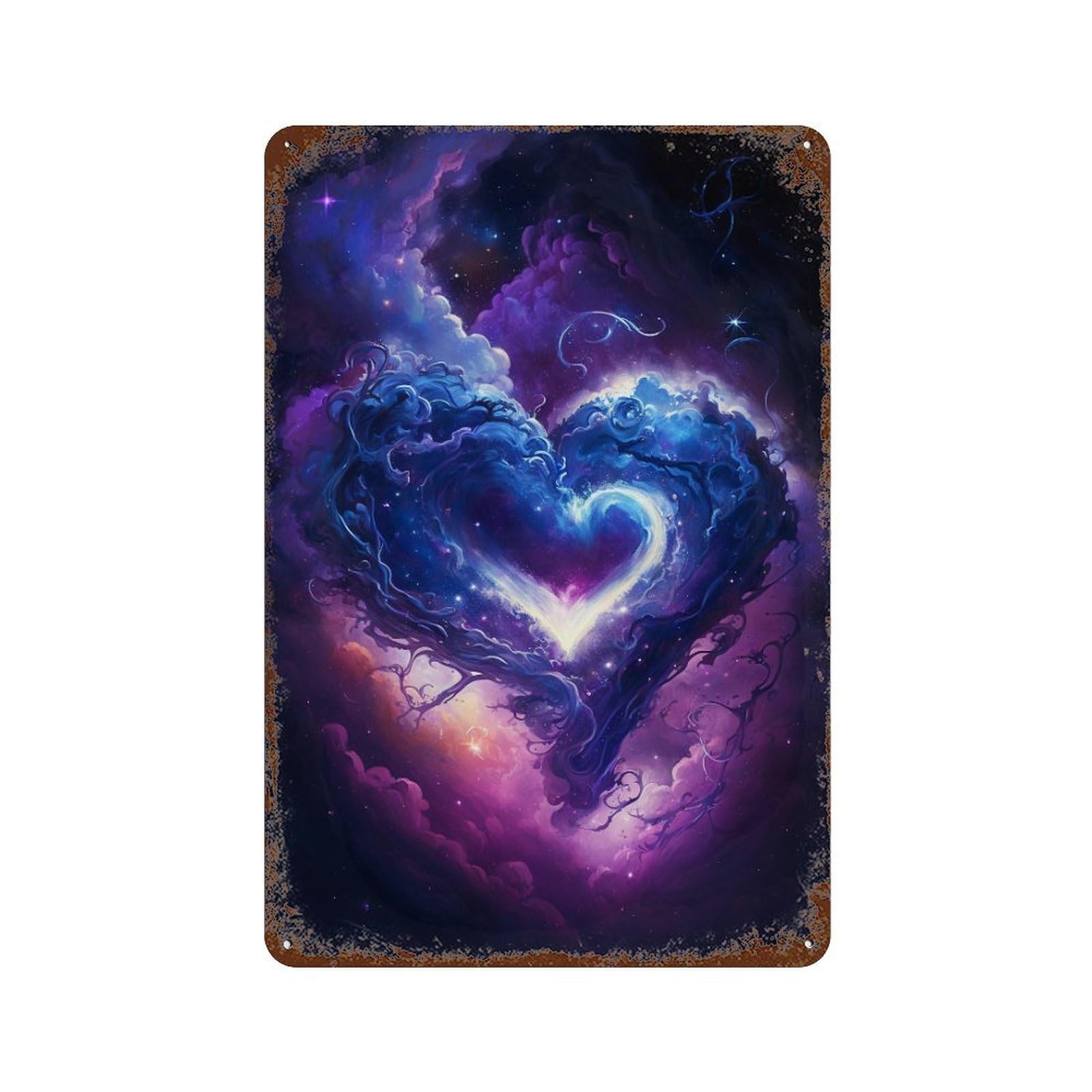 Rust Effect Cosmic Heart Art Print Distressed Metal Wall Sign 11.8"x7.9", Farmhouse Wall Decor for Office, Studio And Wall Decor