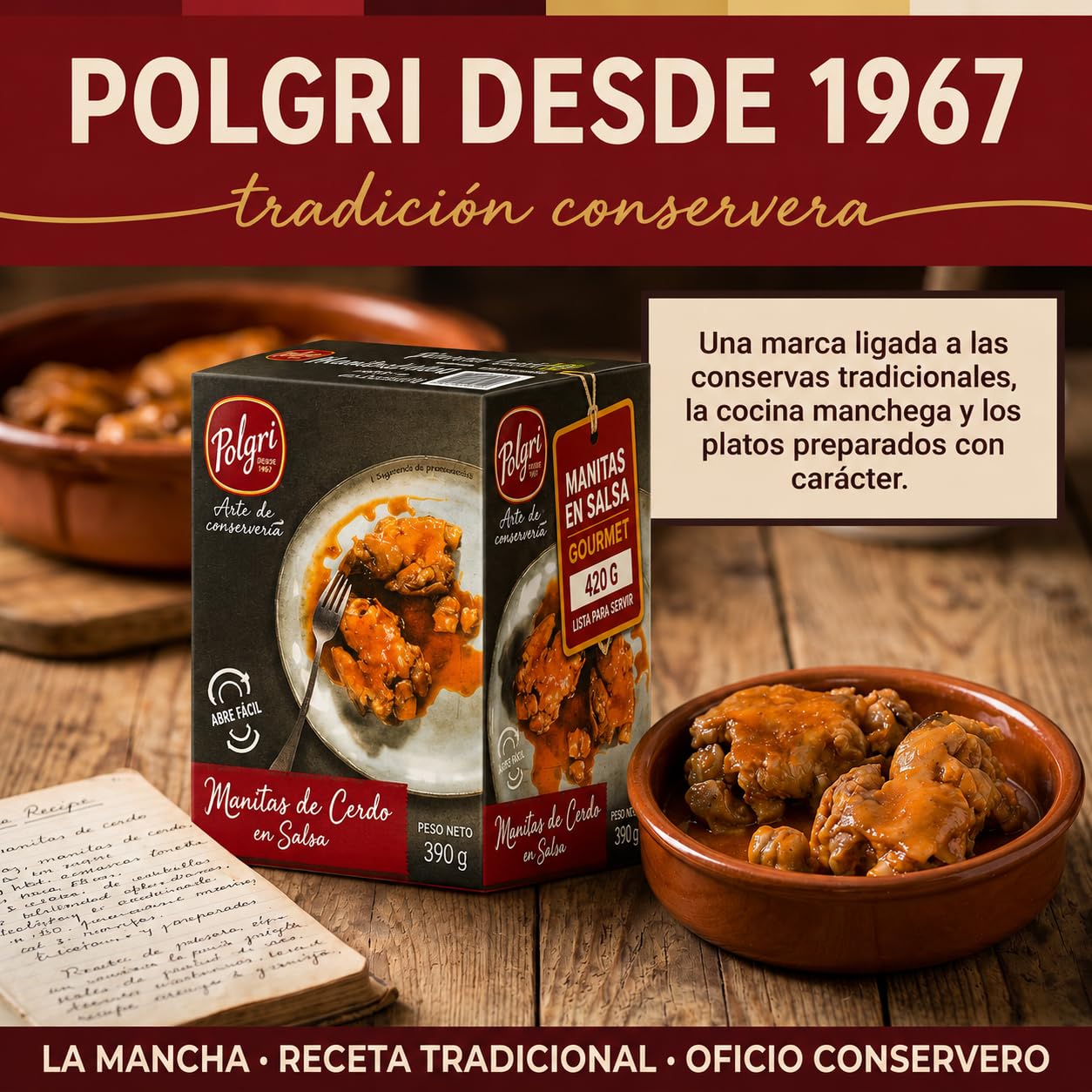 POLGRI Manitas de Cerdo en Salsa 420 g x 3 Latas Receta Tradicional La Mancha Colágeno Natural