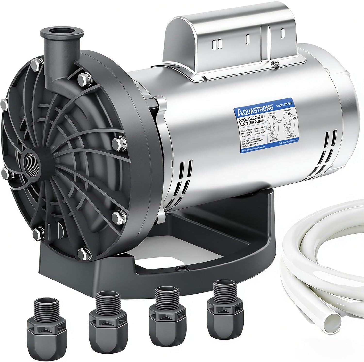 Aquastrong Pool Booster Pump, Pure Copper Motor, 3/4 HP, Dual Voltage 115V/230V, Low Noise, Wide Compatibility, Easy Installation for Pressure-Side Pool Cleaners Vac-Sweep 280, 380, 3900-Grey