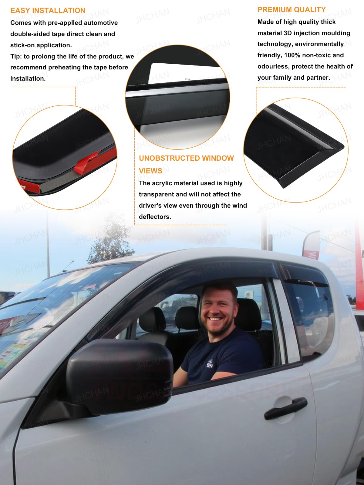 Deflectores de viento | Compatible con: Mitsubishi L200/Trition (2016-2023) Accesorios Club/Space/Extended Cab Juego de 4 piezas | Protectores de lluvia para ventana, protección contra el