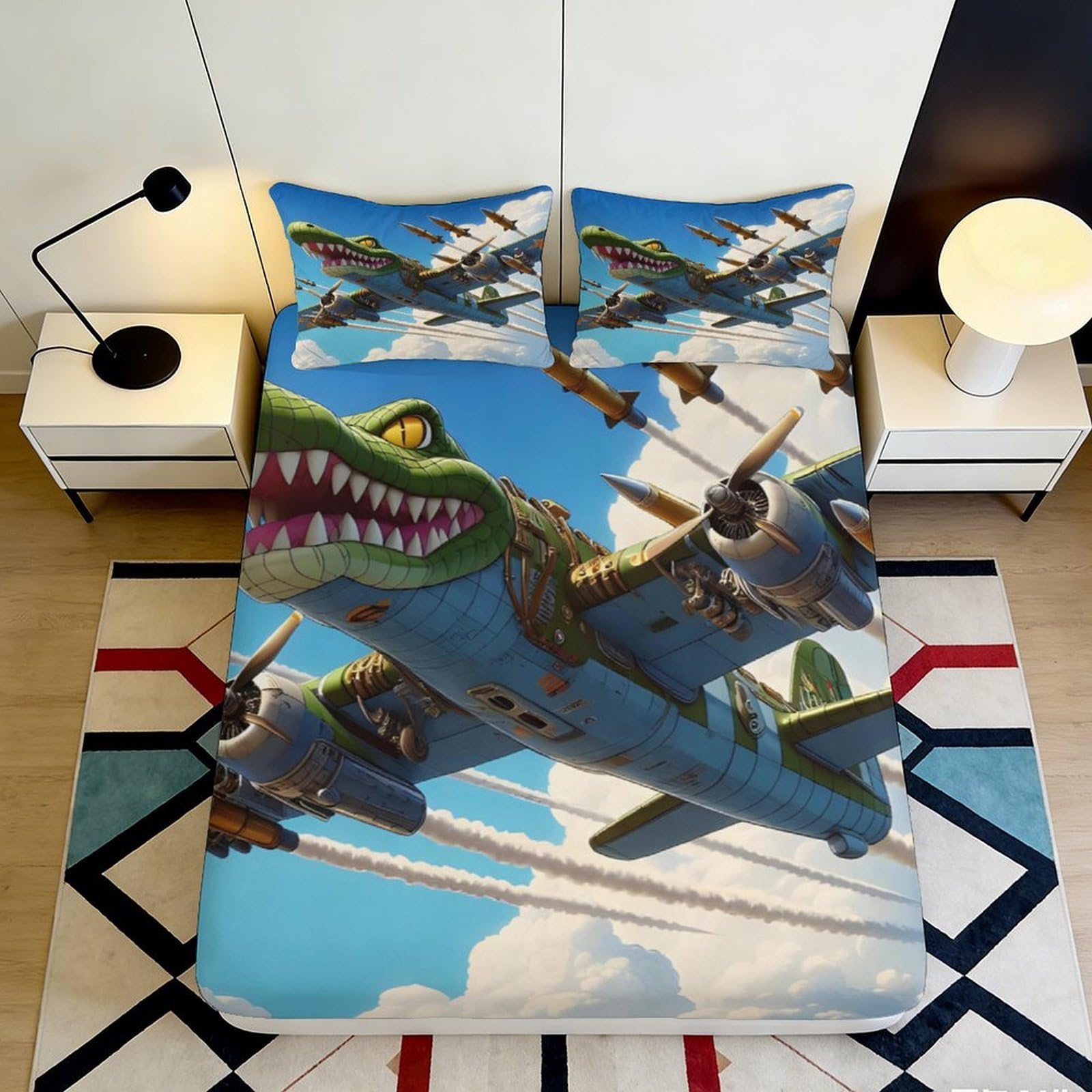 3D Printed Cartoon Airplane Fitted Sheet Microfiber Soft Alligator Aircraft Bed Cover Anti-Slip Easy Care for Bedroom Decor 90x200x25cm