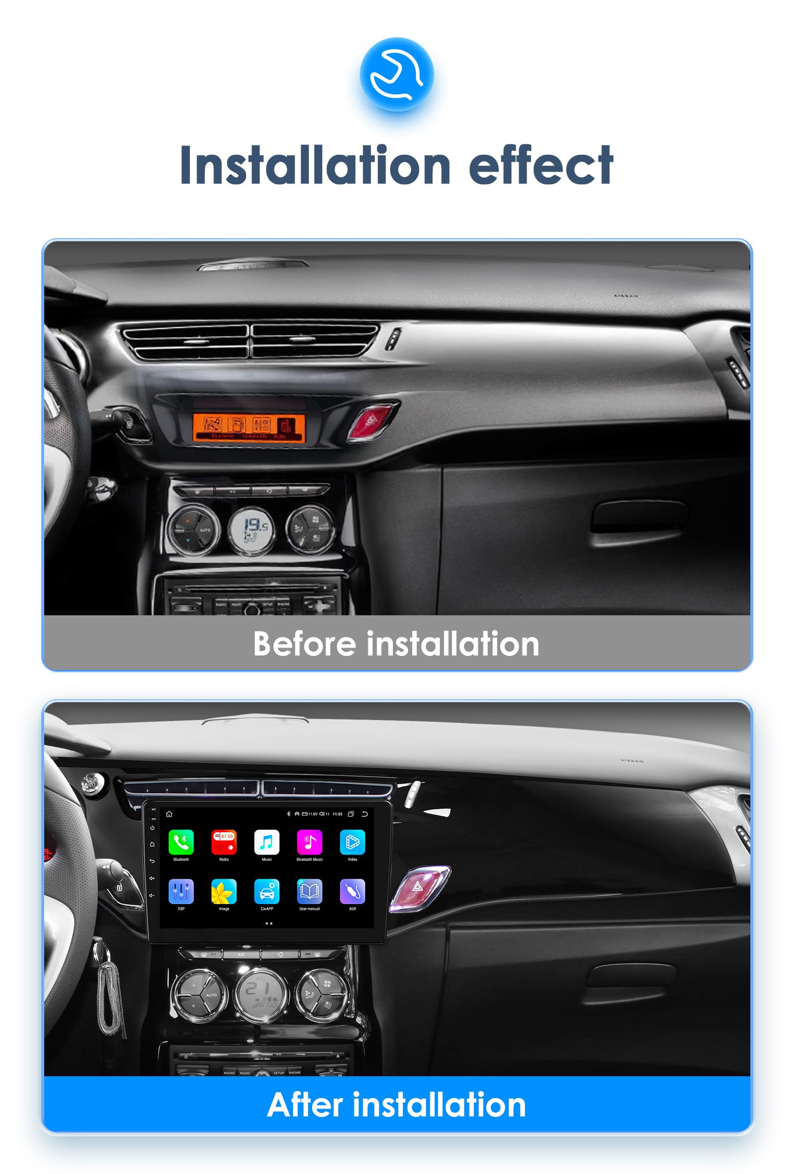 Autoradio Android 13 pour Citroën C3 DS3 2010-2016, 8 cœurs 4G + 32 Go Navi Support autoradio sans Fil Carplay/Android Auto Bluetooth Dab WiFi 4G Lien Miroir caméra arrière/Avant (Noir)
