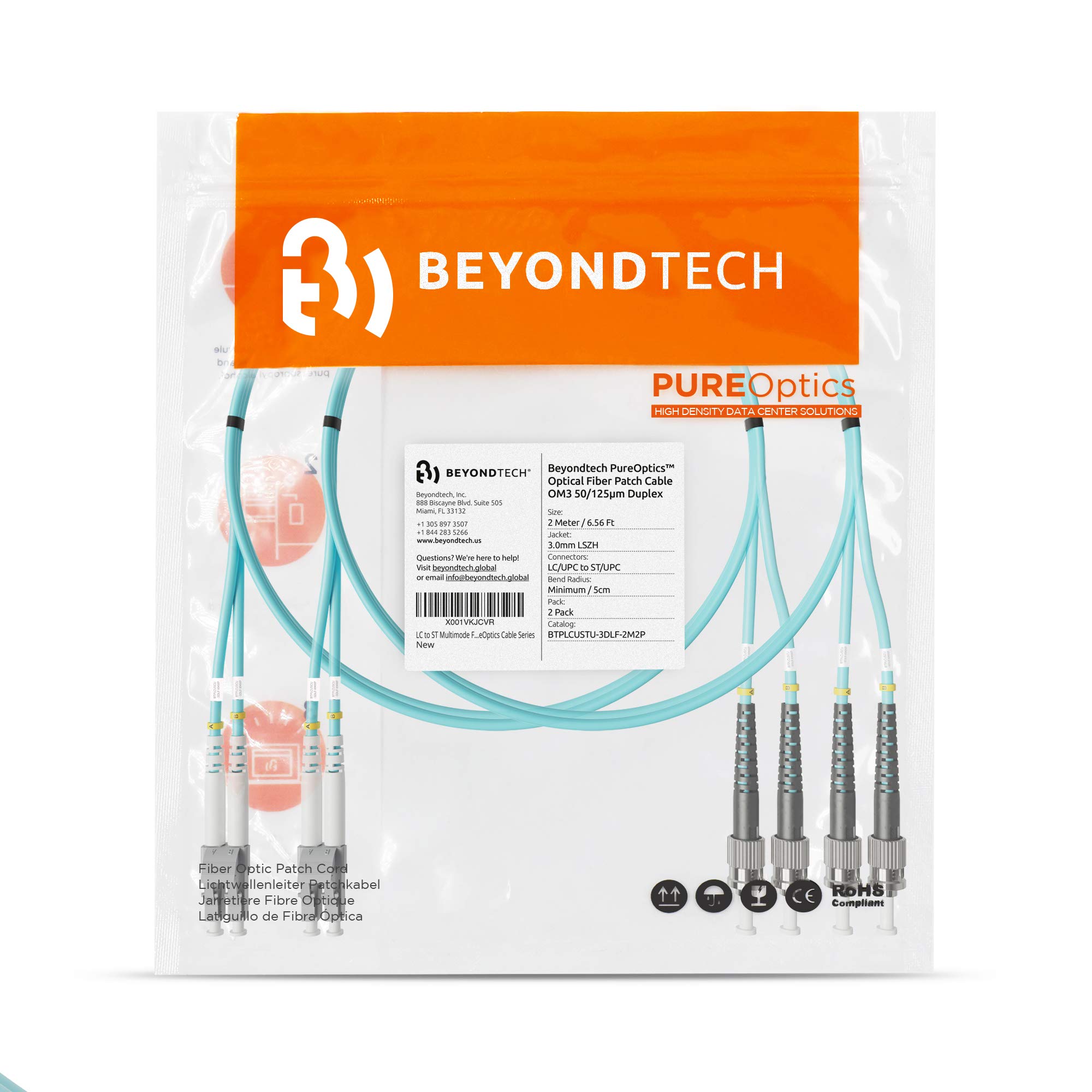 BEYONDTECH Lot de 2 câbles de raccordement en fibre optique duplex multimode LC vers ST UPC de 2 m - Noyau 50/125 µm, compatible avec OM3 - 10G LSZH PUREOptics Series