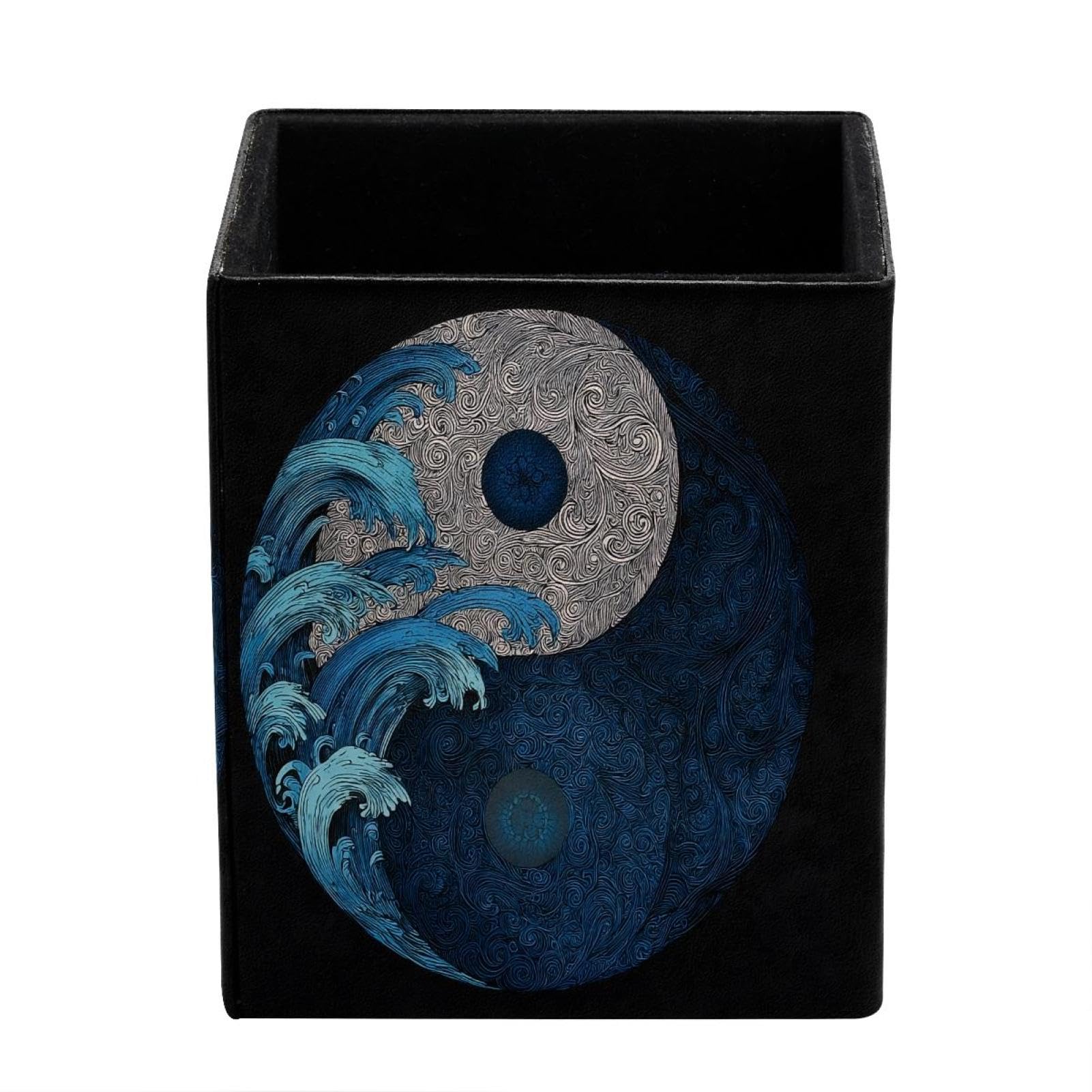 XingFox Waves Yin and Yang Pen Holder for Desk Deco, Sqaure PVC Leather Pencil Cup for Desk Pen Organizer, Makeup Brush Holder for School, Home, Office