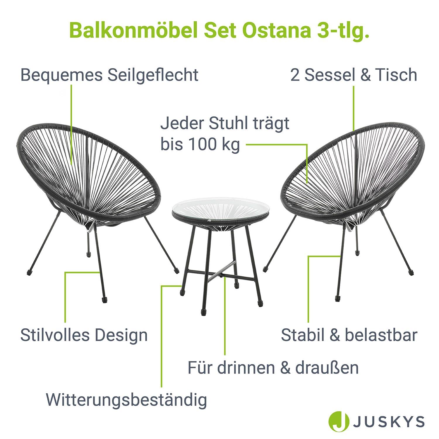 Juskys Zestaw mebli balkonowych Ostana 3-częściowy – stół i 2 fotele – elegancki zestaw do siedzenia na balkon, taras i do ogrodu, czarny