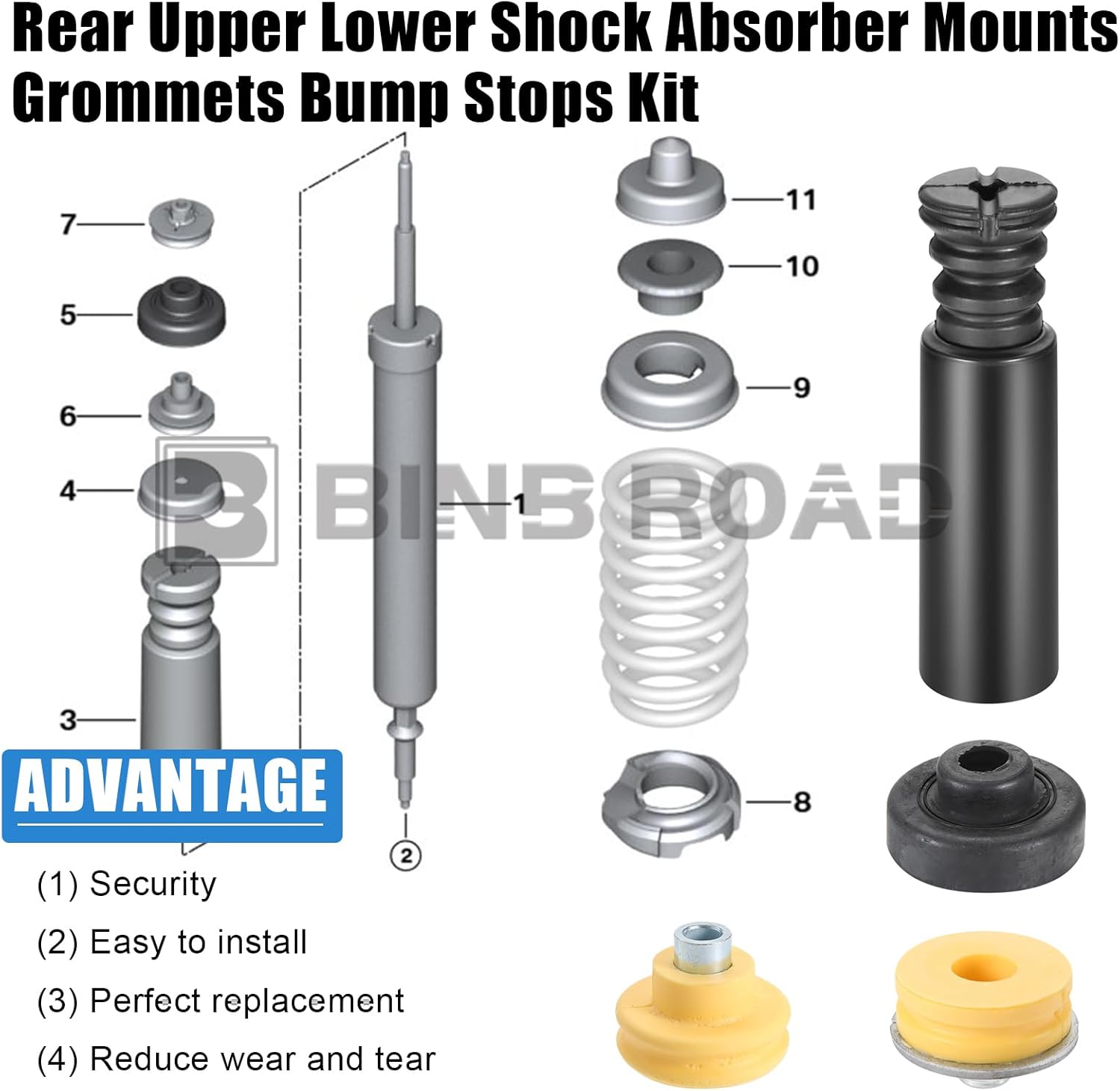 Rear Upper Lower Shock Absorber Mounts Grommets Bump Stops Kit 33506771738 + 33506771737 + 33536767334 + 33506767010 Compatible with BMW 128i 135i 323i 325i 328i 330i 335i E90 E92 E82