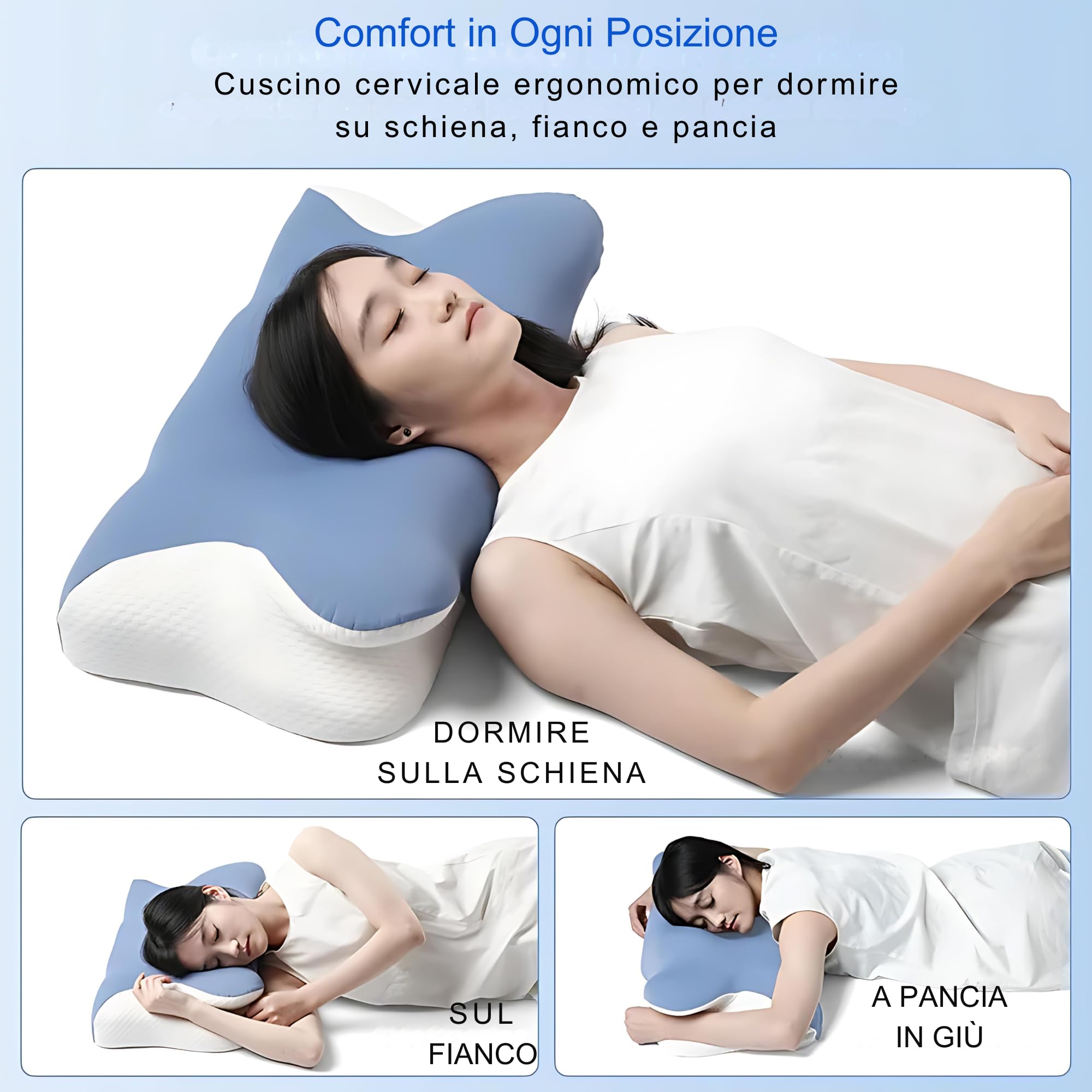 Cuscino Cervicale Memory Foam per Dormire – Ortopedico ed Ergonomico, Supporto Collo e Spalle, per Fianco e Schiena, Federa Sfoderabile Lavabile