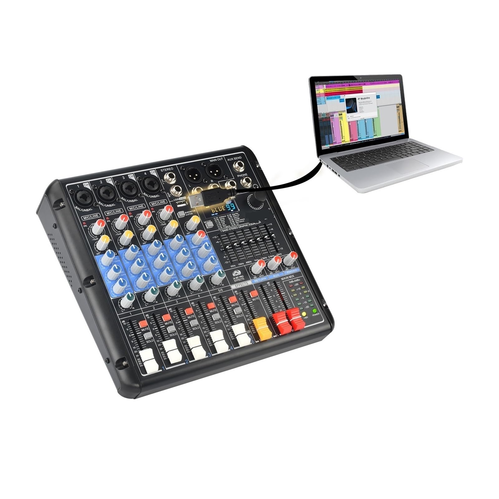 Mikser audio, Mikser audio 6-kanałowy, 99 efektów DSP, 5.0, 7-pasmowy korektor, wyciszenie, konsola miksująca Solo, USB, nagrywanie, odtwarzanie na komputerze, imprezę do karaoke w studiu
