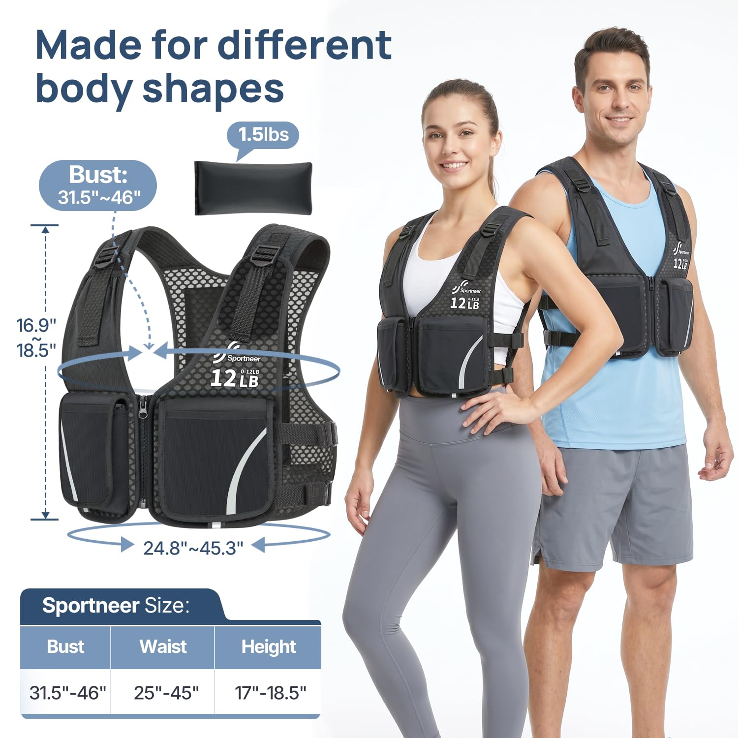 Sportneer 0–5,4 kg Verstellbare Gewichtsweste für Walking, Schwarz | Leichte Gewichtsweste für Damen mit Handytasche und Flaschenhalter, bequeme Weste zum Gehen, Joggen und Krafttraining