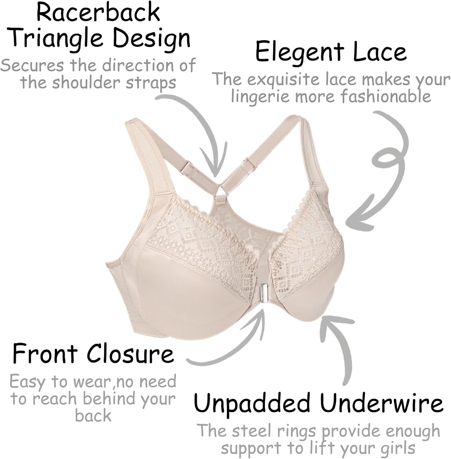 Women's Front Closure Racerback Bra Underwire Full Coverage Unpadded Lace Everyday Bra Plus Size for Large Bust - Image 2