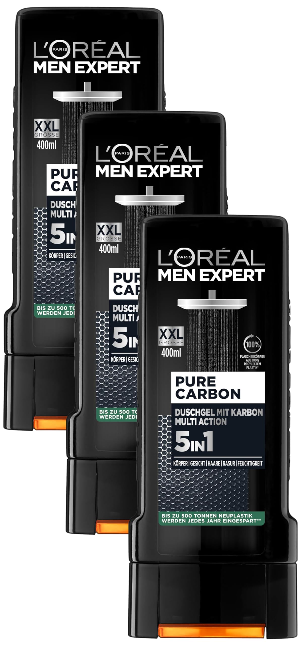 L'Oréal Men Expert XXL 5in1 Duschgel und Shampoo für Männer, Duschbad zur Reinigung von Körper, Haar und Gesicht, Herren Körperpflege für langanhaltende Frische mit Karbon, Pure Carbon, 1 x 400 ml