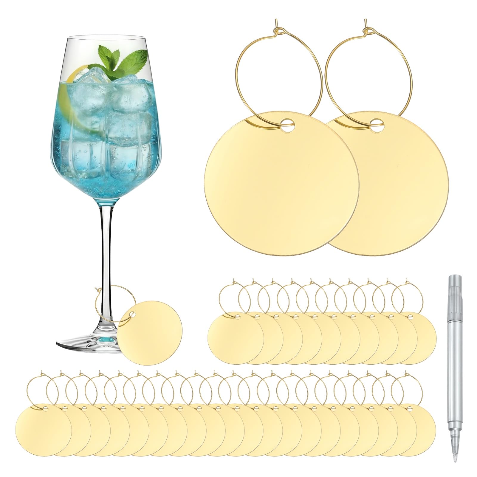 sourcing map 40 Pcs Wine Glass Charm with Ring Tags, Drink Glass Identifiers Acrylic Keychain Blanks with Gold Marker for Stem Glasses Wedding Party Birthday DIY Craft, Gold Round
