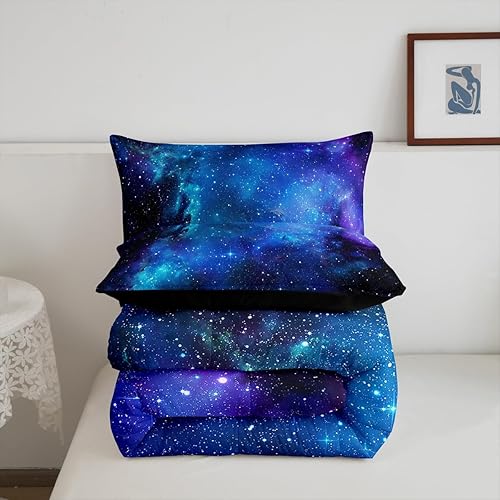 Miniatura 7 de Juego de edredón de galaxia morada, luna y estrella, juego de edredón de noche completa con cielo estrellado, edredón reversible negro con estrellas