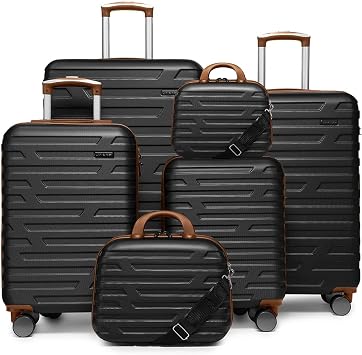 6-Piece Hardside Expandable Luggage Set 18/20/24/28 in w/Two Cosmetic Cases - Durable Lightweight Travel Suitcases w/Spinner Wheels, TSA Lock, 4-Size Combo for Family Vacations, Black