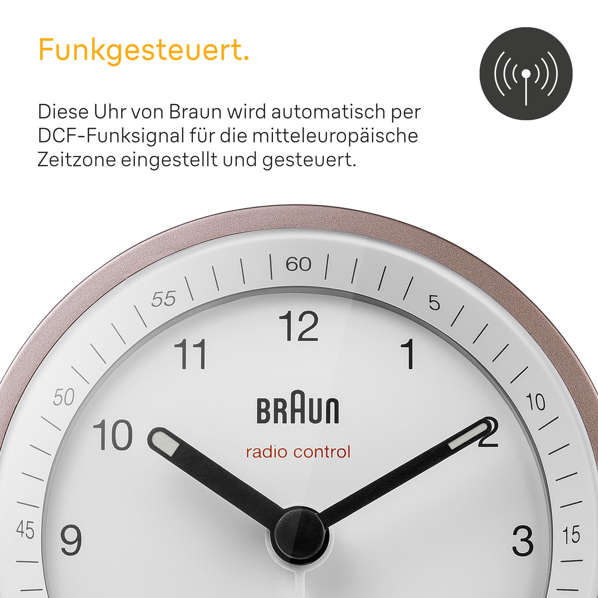 Klassischer analoger Funkwecker von Braun für die Mitteleuropäische Zeitzone (MEZ/GMT+1) mit Schlummerfunktion und Beleuchtung, ruhigem Uhrwerk, Crescendo-Alarm in Weiß und Rose, Modell BC07PW-DCF