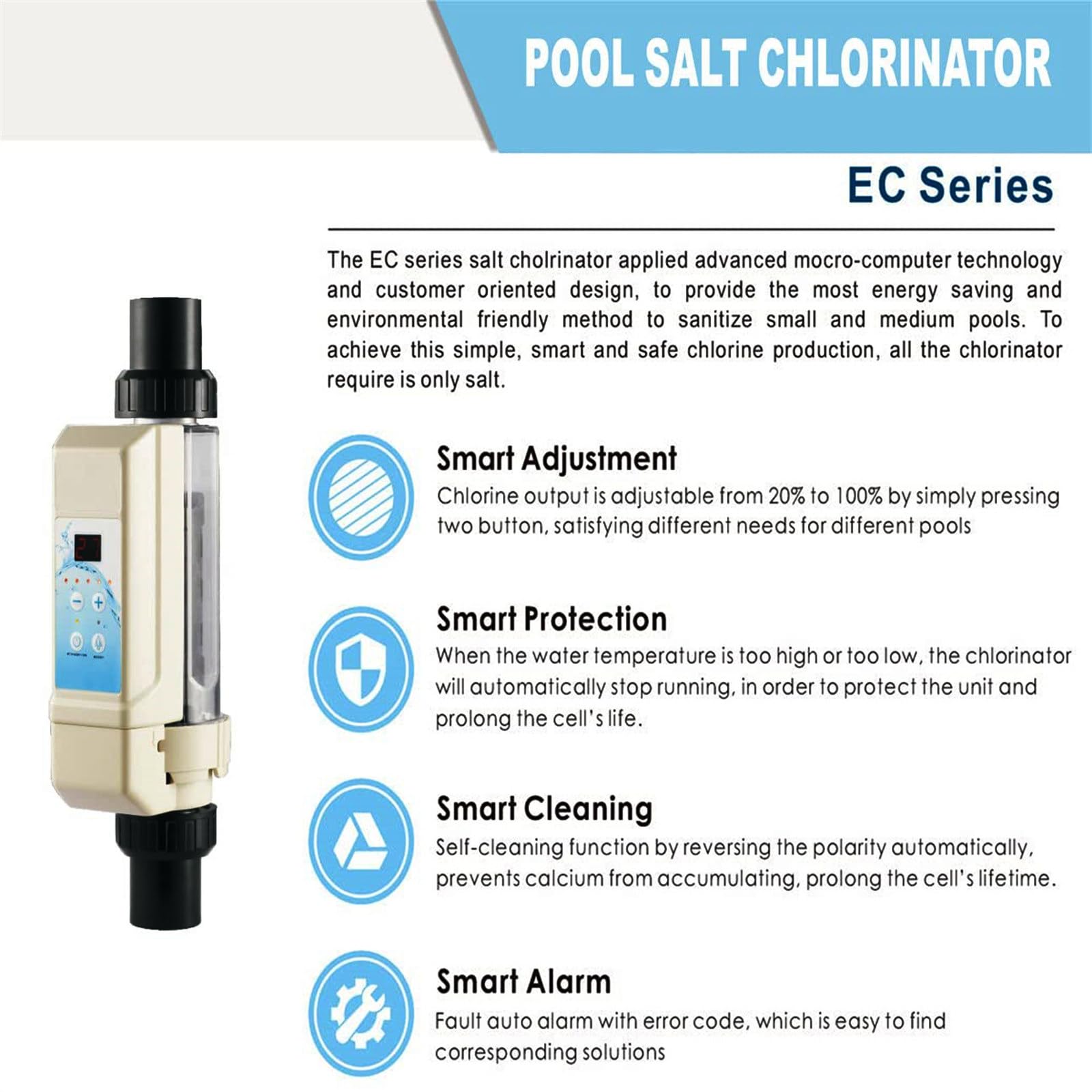Clorador salino por electrólisis, Generador de cloro salino Esterilizador electrolítico de sal para piscinas, Clorador de agua salada, 8 g/h 12 g/h 16 g/h 20 g/h para piscina,EC-8