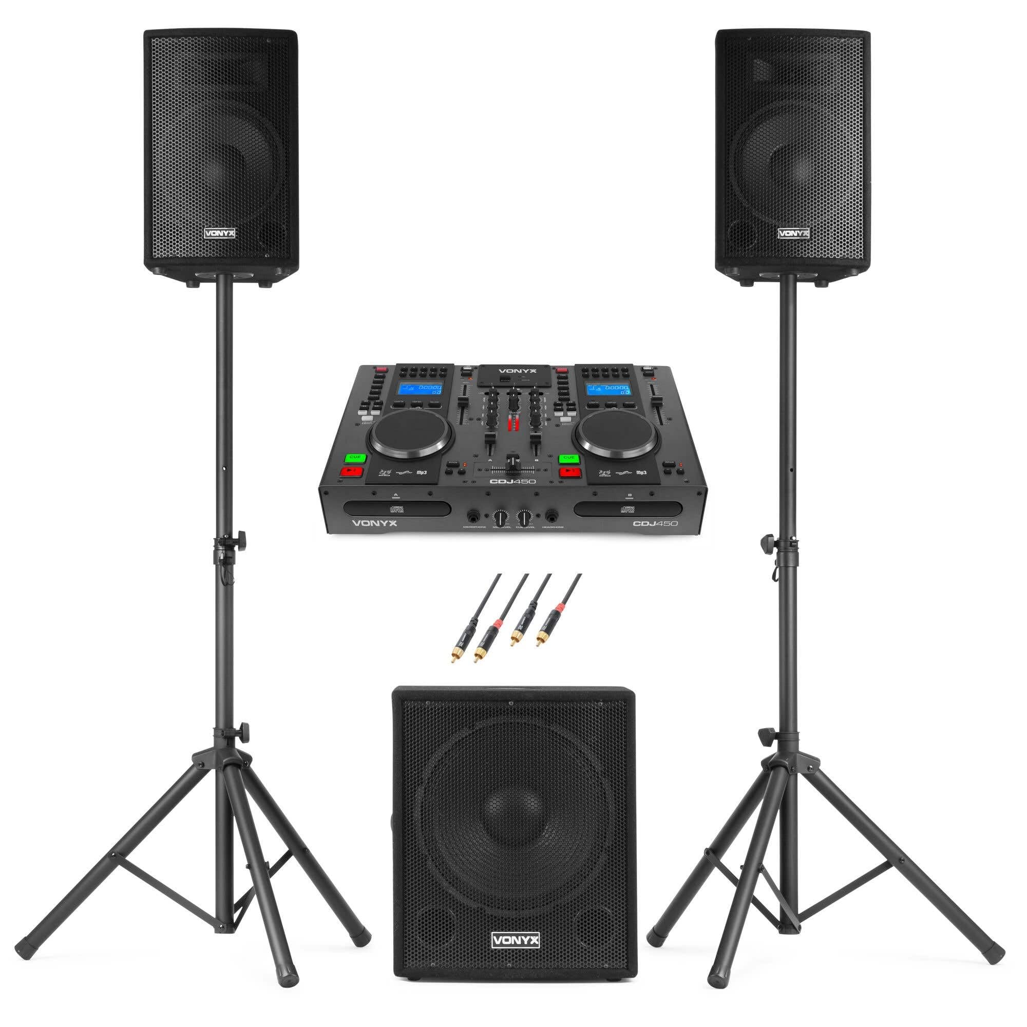 Vonyx VX1015BT Beginner DJ Set – 1000W PA-Anlage 2.1 + CDJ450 DJ-Mixer – 15" Subwoofer + 2X Tops + Stative – Bluetooth, USB, CD – Plug and Play – Ideal für Partys bis 50 Personen